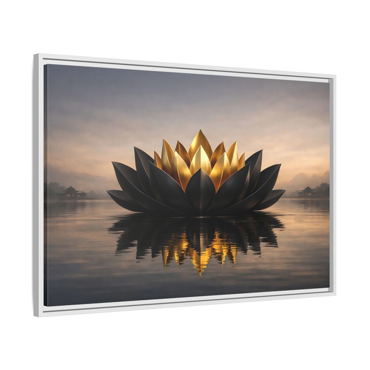 Side Mockup 8. Nature Lotus Flower Black And Gold Lotus shown as stretched canvas wall art