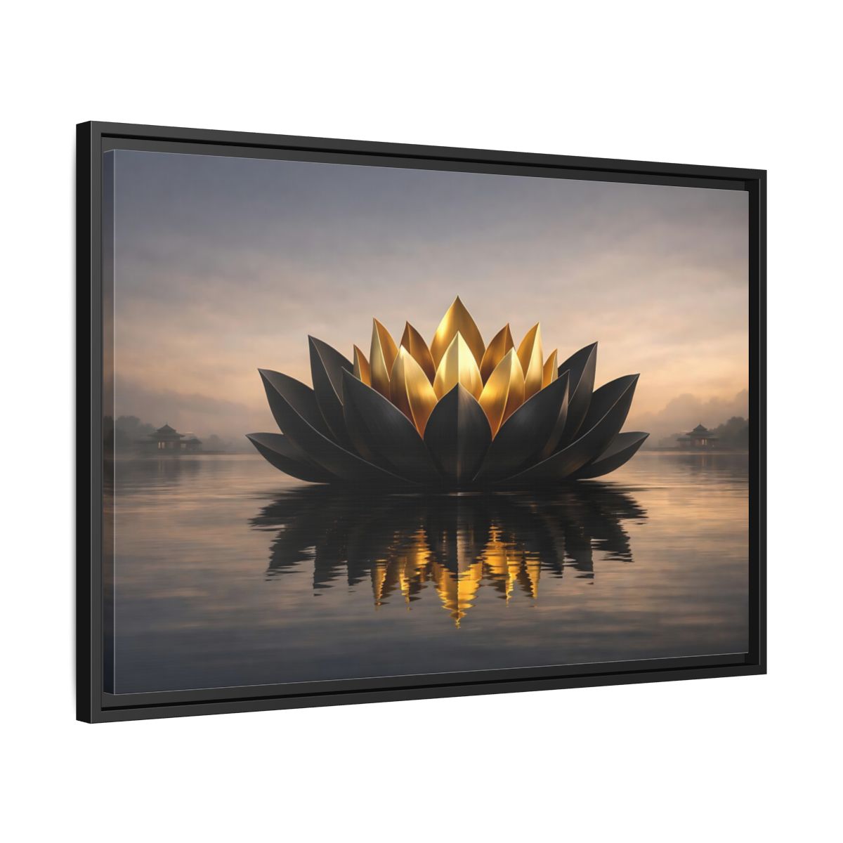 Side Mockup 14. Nature Lotus Flower Black And Gold Lotus shown as stretched canvas wall art
