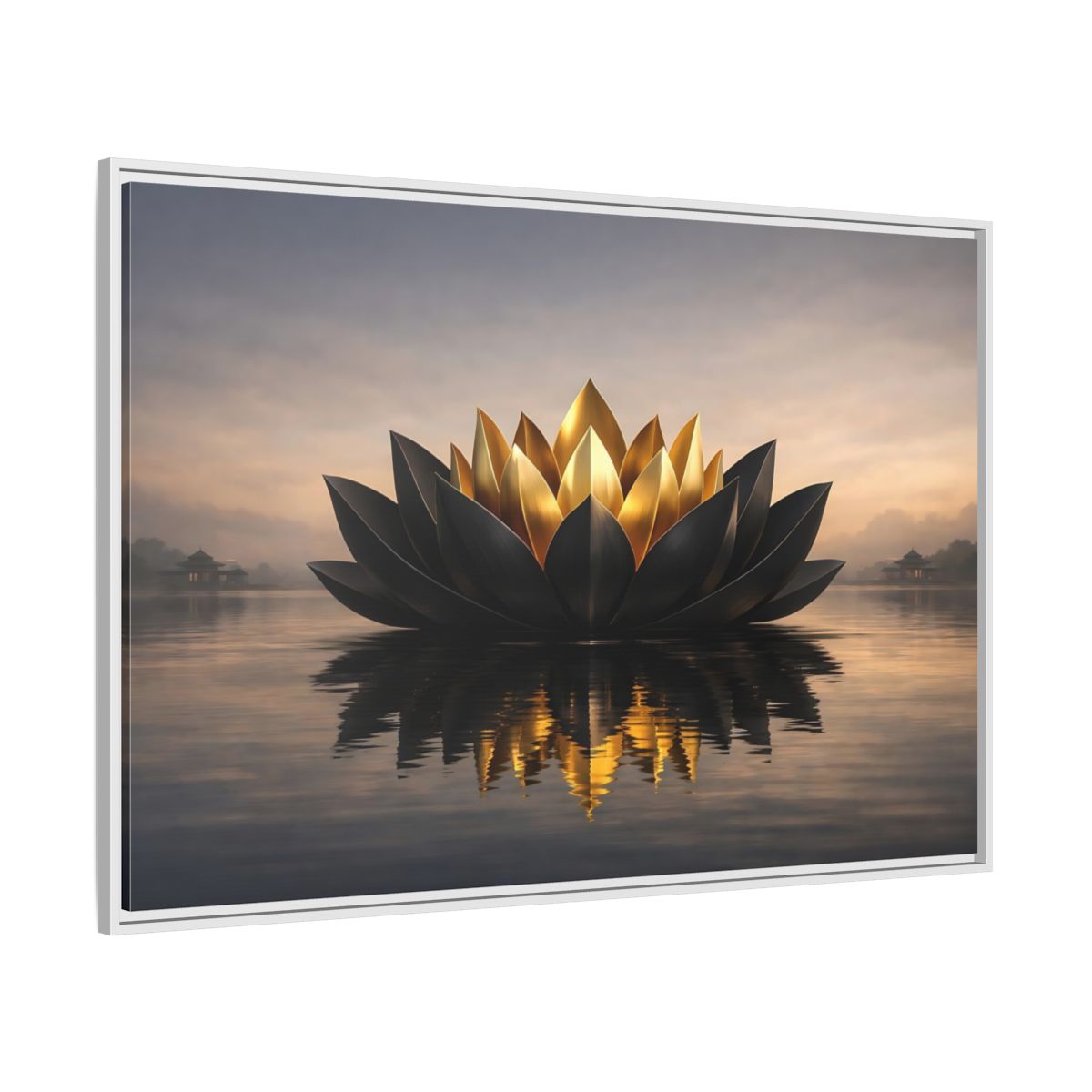 Side Mockup 7. Nature Lotus Flower Black And Gold Lotus shown as stretched canvas wall art