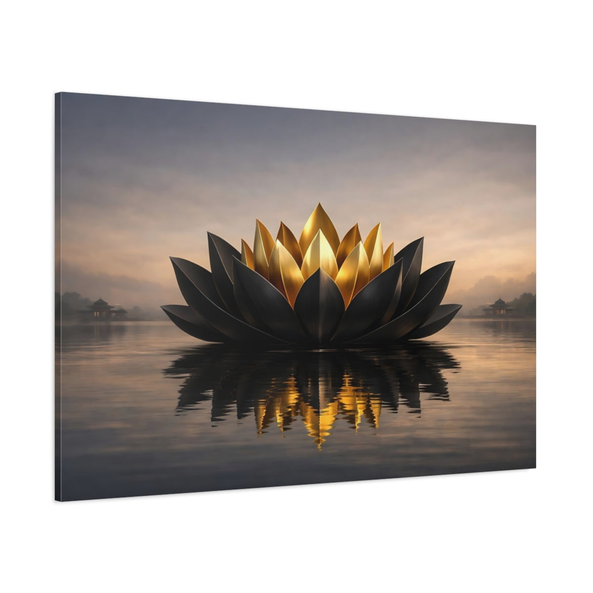Main Mockup. Nature Lotus Flower Black And Gold Lotus shown as stretched canvas wall art