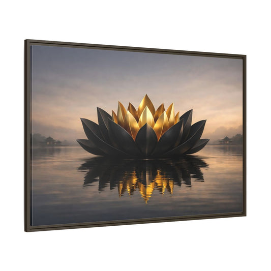 Main Mockup. Nature Lotus Flower Black And Gold Lotus shown as stretched canvas wall art
