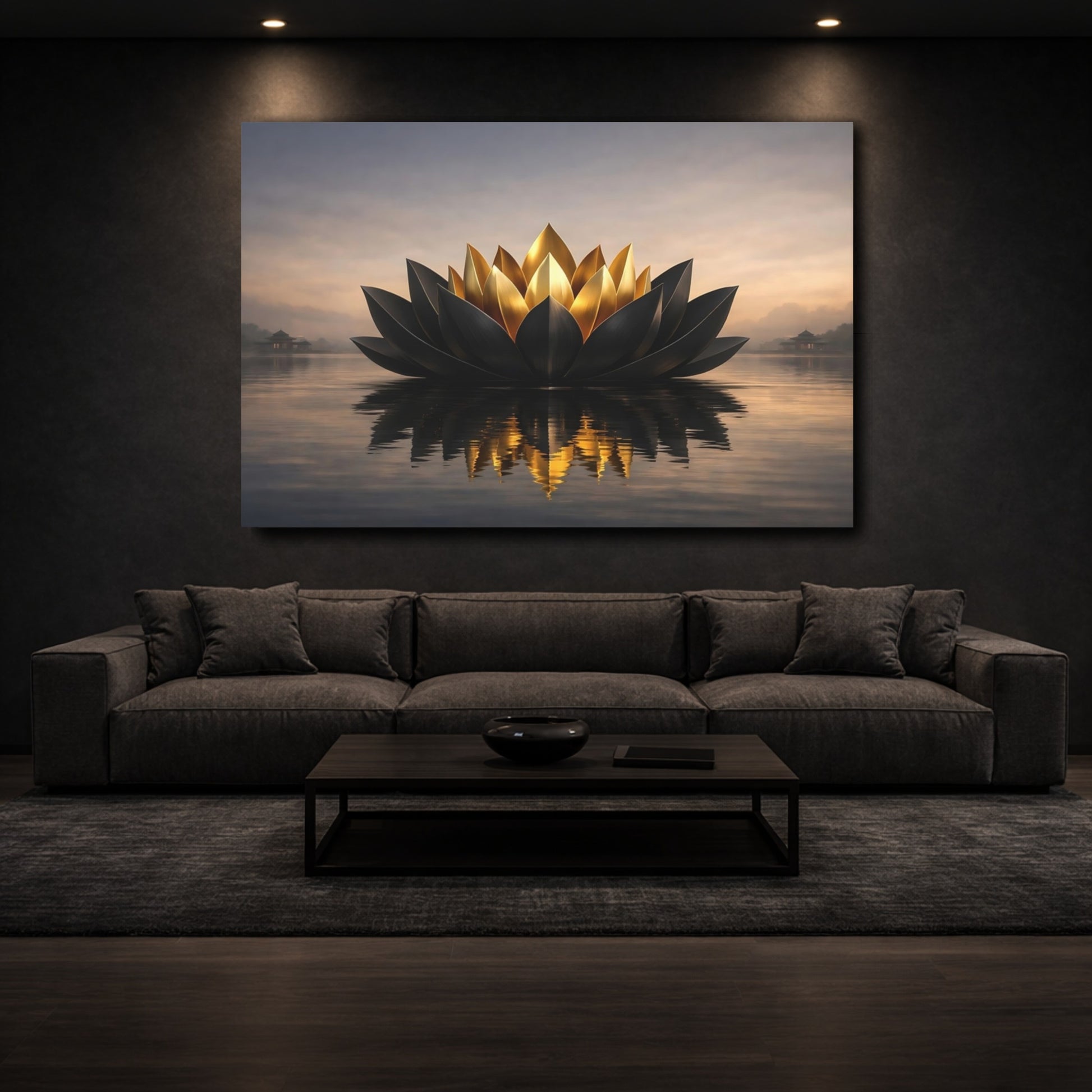 Mockup 2. Nature Lotus Flower Black And Gold Lotus shown as stretched canvas wall art