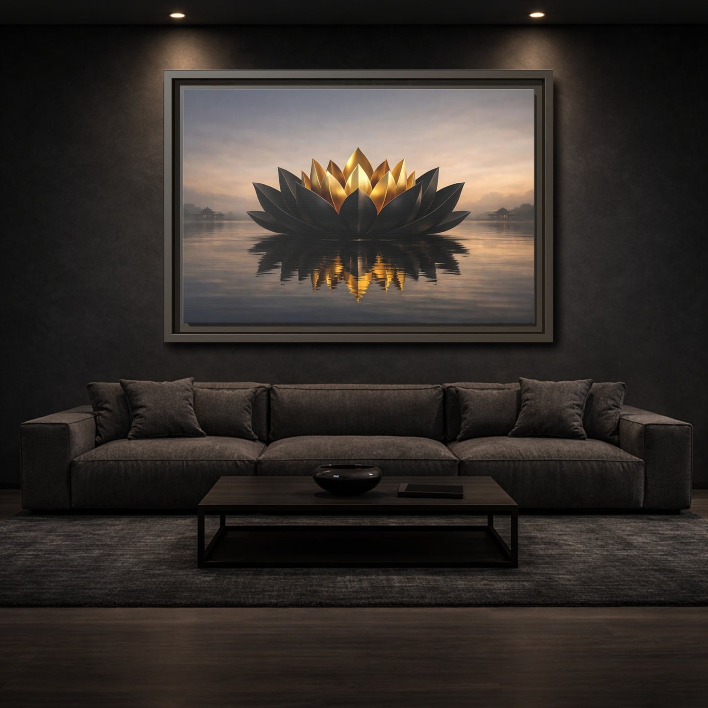 Mockup 2. Nature Lotus Flower Black And Gold Lotus shown as stretched canvas wall art