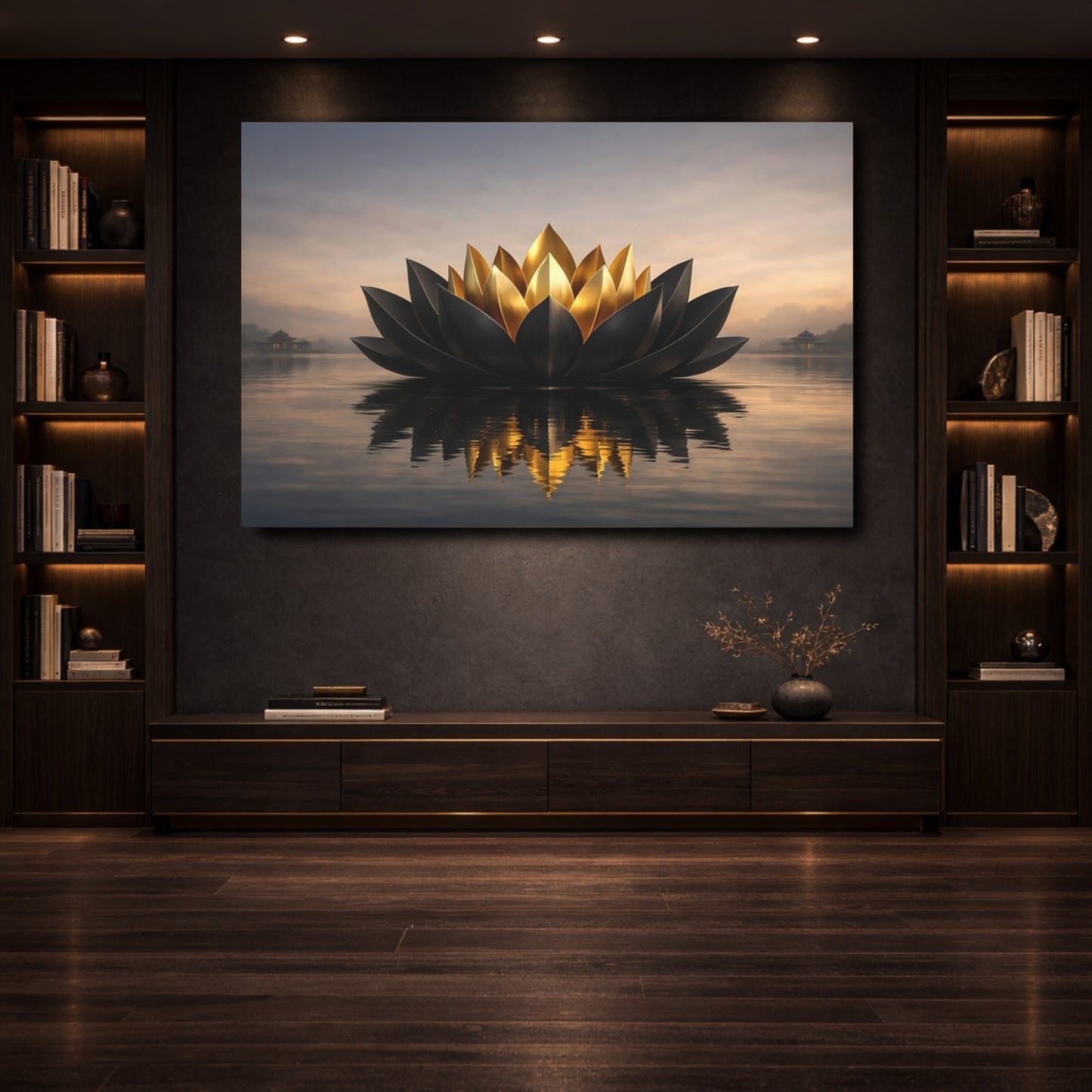 Mockup 3. Nature Lotus Flower Black And Gold Lotus shown as stretched canvas wall art