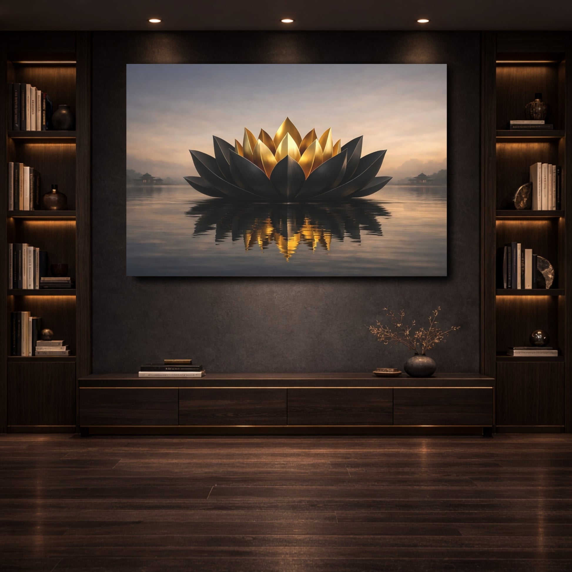 Mockup 3. Nature Lotus Flower Black And Gold Lotus shown as stretched canvas wall art