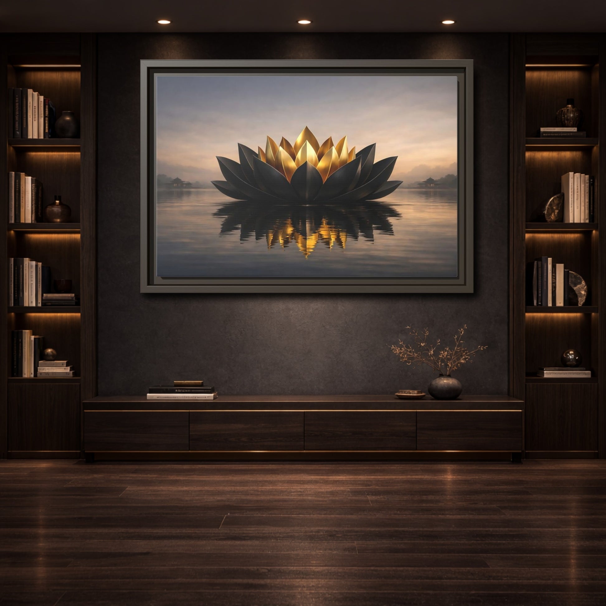 Mockup 3. Nature Lotus Flower Black And Gold Lotus shown as stretched canvas wall art