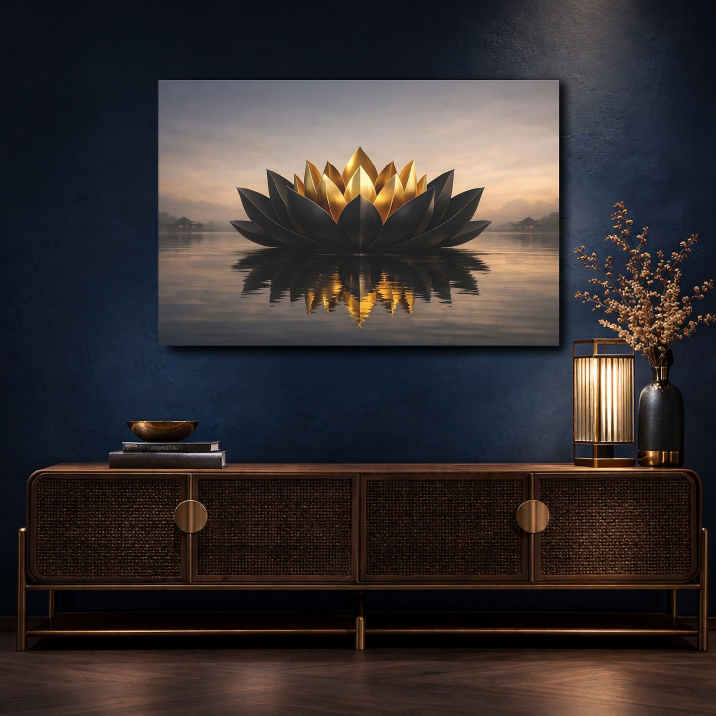 Mockup 4. Nature Lotus Flower Black And Gold Lotus shown as stretched canvas wall art
