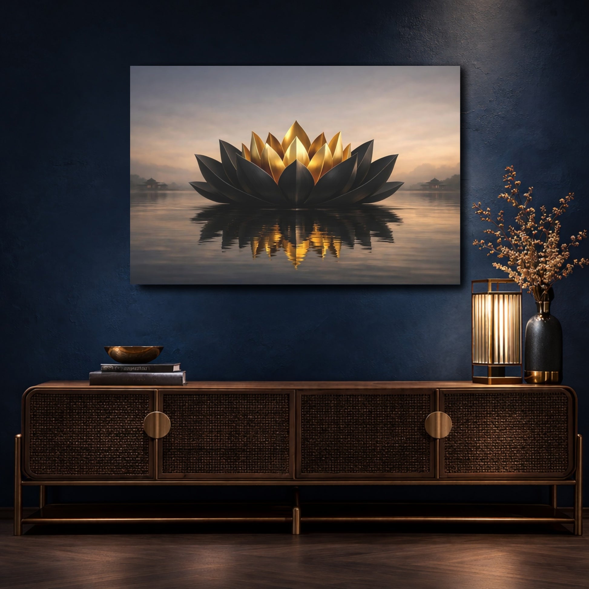 Mockup 4. Nature Lotus Flower Black And Gold Lotus shown as stretched canvas wall art
