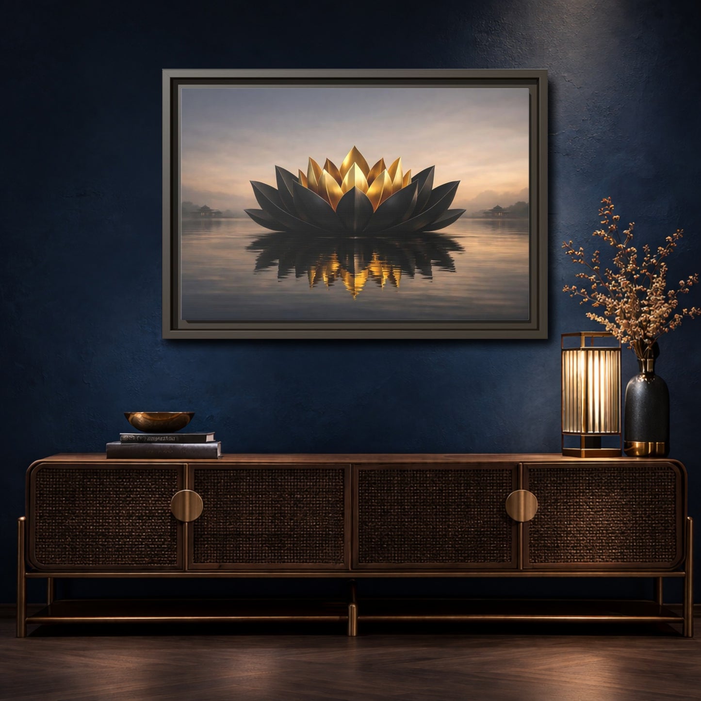 Mockup 4. Nature Lotus Flower Black And Gold Lotus shown as stretched canvas wall art