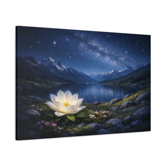 Main Mockup. Nature Lotus Flower Blue And White Landscape shown as stretched canvas wall art