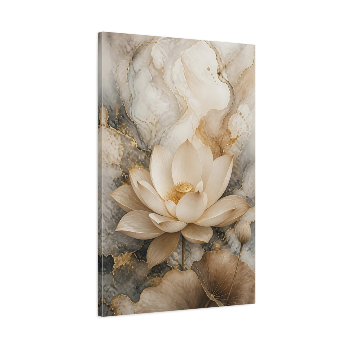Main Mockup. Nature Lotus Flower Gold And Gray shown as stretched canvas wall art
