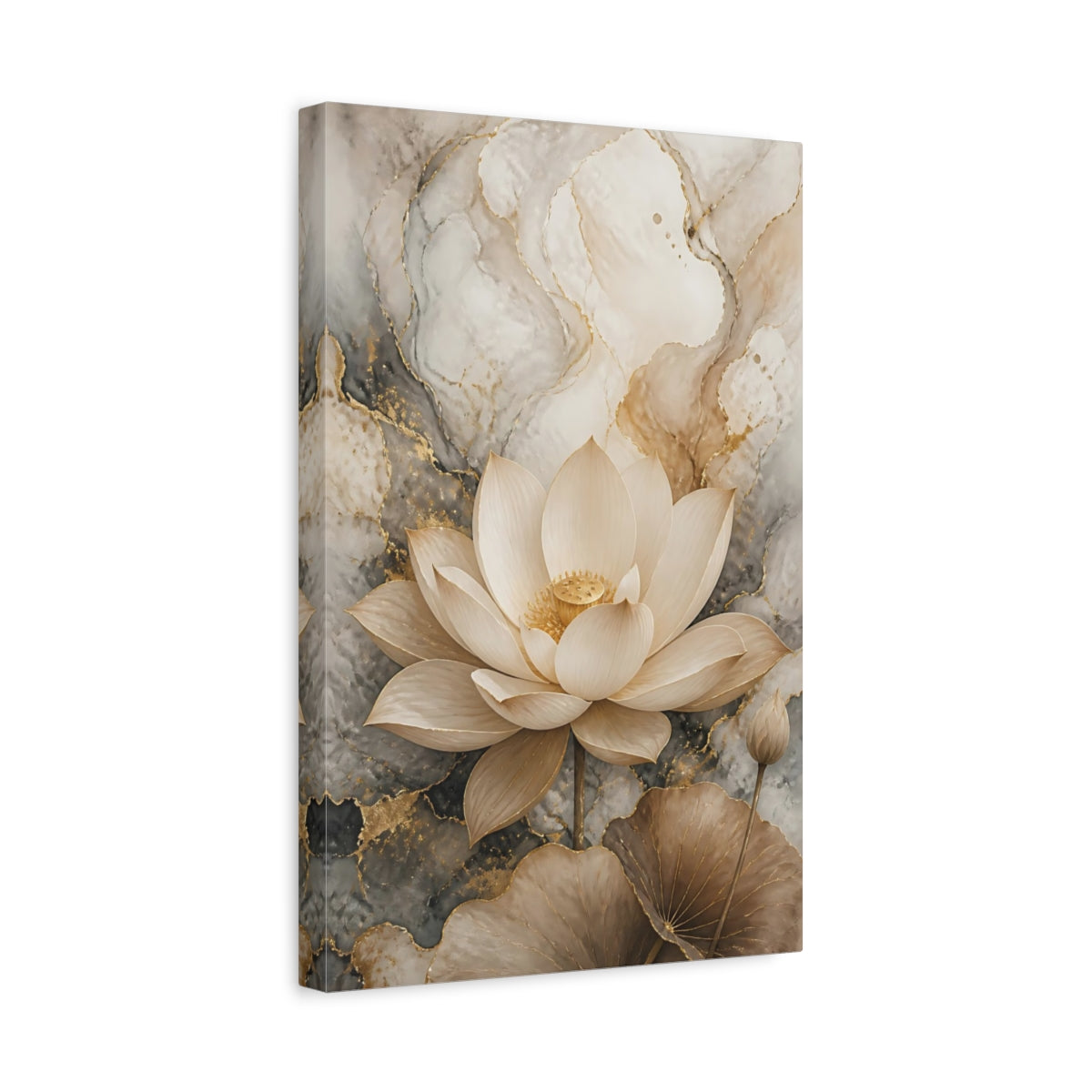 Side Mockup 4. Nature Lotus Flower Gold And Gray shown as stretched canvas wall art