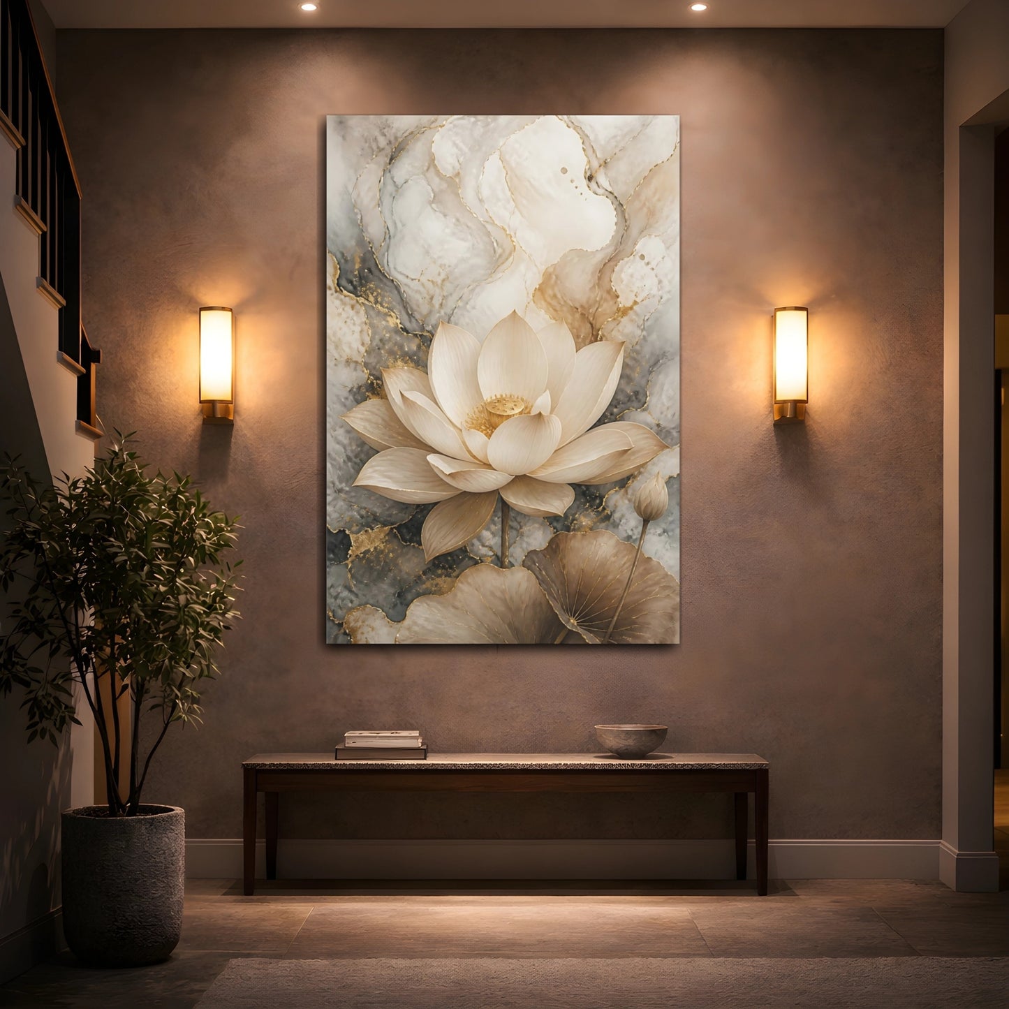 Mockup 2. Nature Lotus Flower Gold And Gray shown as stretched canvas wall art