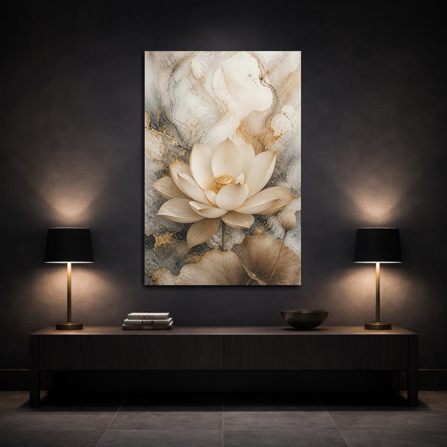 Mockup 3. Nature Lotus Flower Gold And Gray shown as stretched canvas wall art