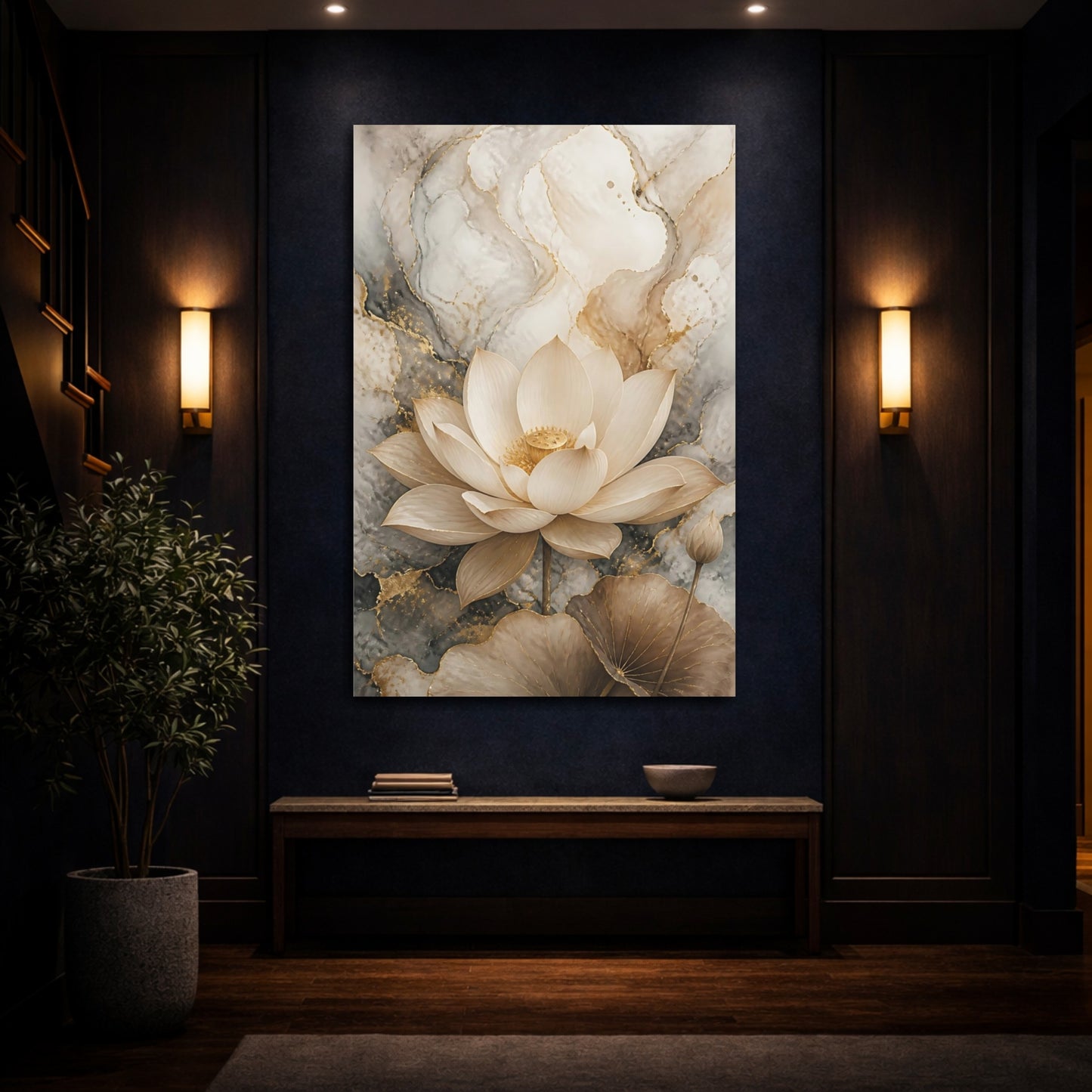 Mockup 4. Nature Lotus Flower Gold And Gray shown as stretched canvas wall art
