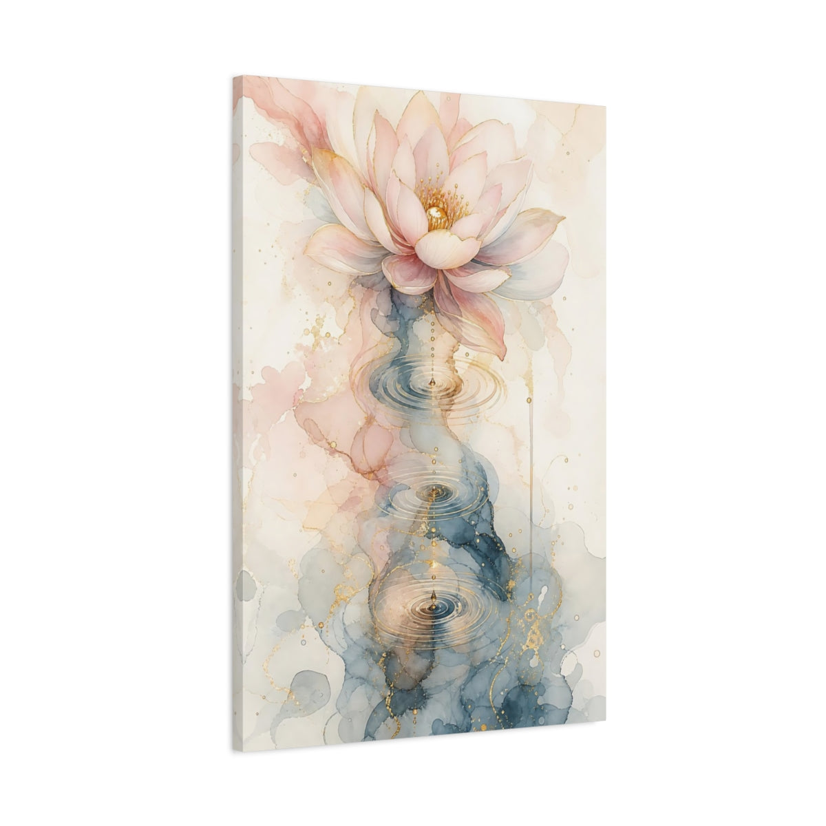 Main Mockup. Nature Lotus Flower Pink Blue Gold shown as stretched canvas wall art