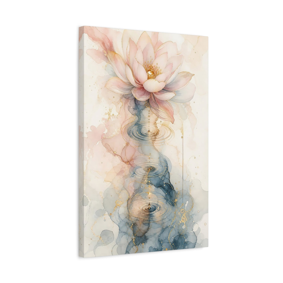 Side Mockup 3. Nature Lotus Flower Pink Blue Gold shown as stretched canvas wall art