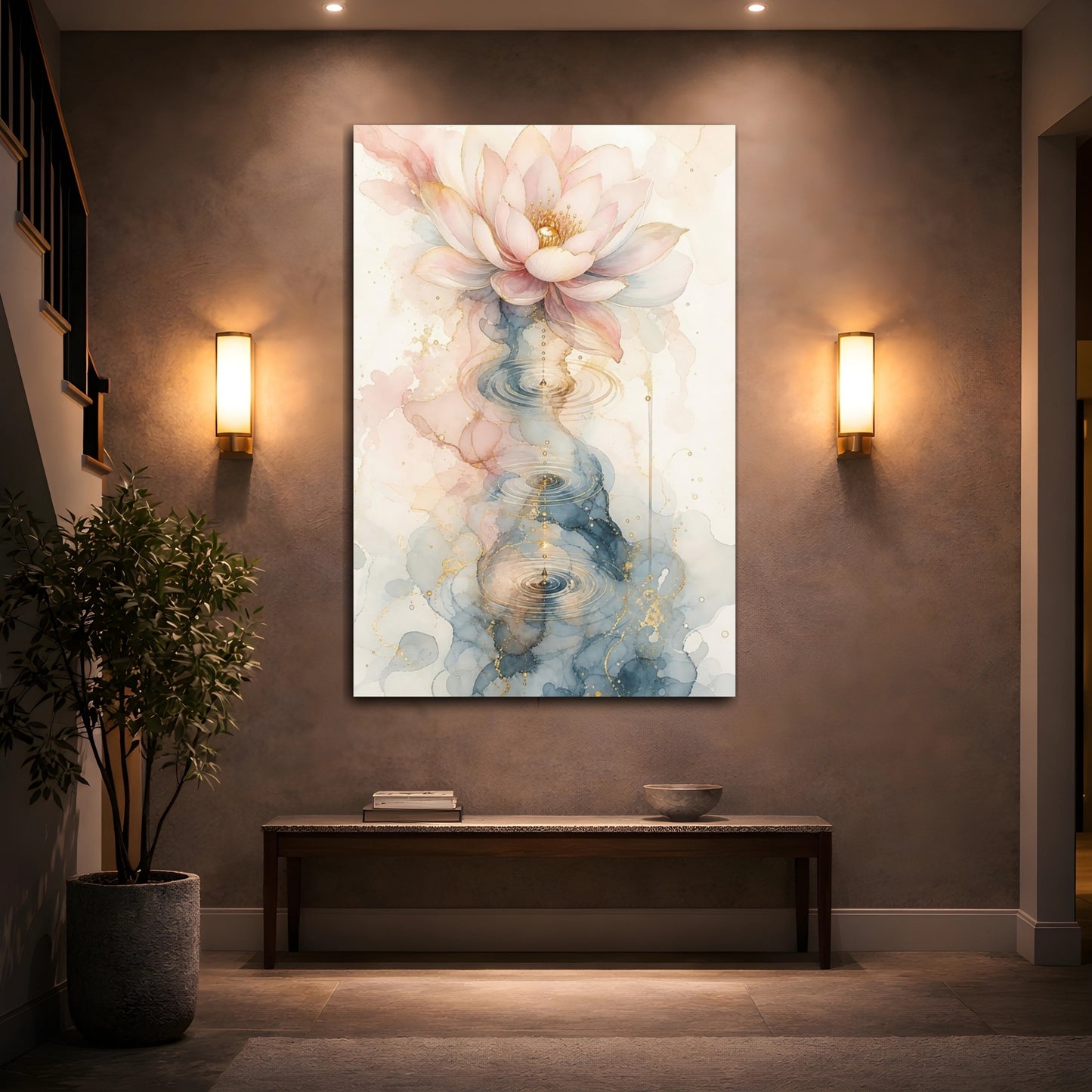 Mockup 2. Nature Lotus Flower Pink Blue Gold shown as stretched canvas wall art