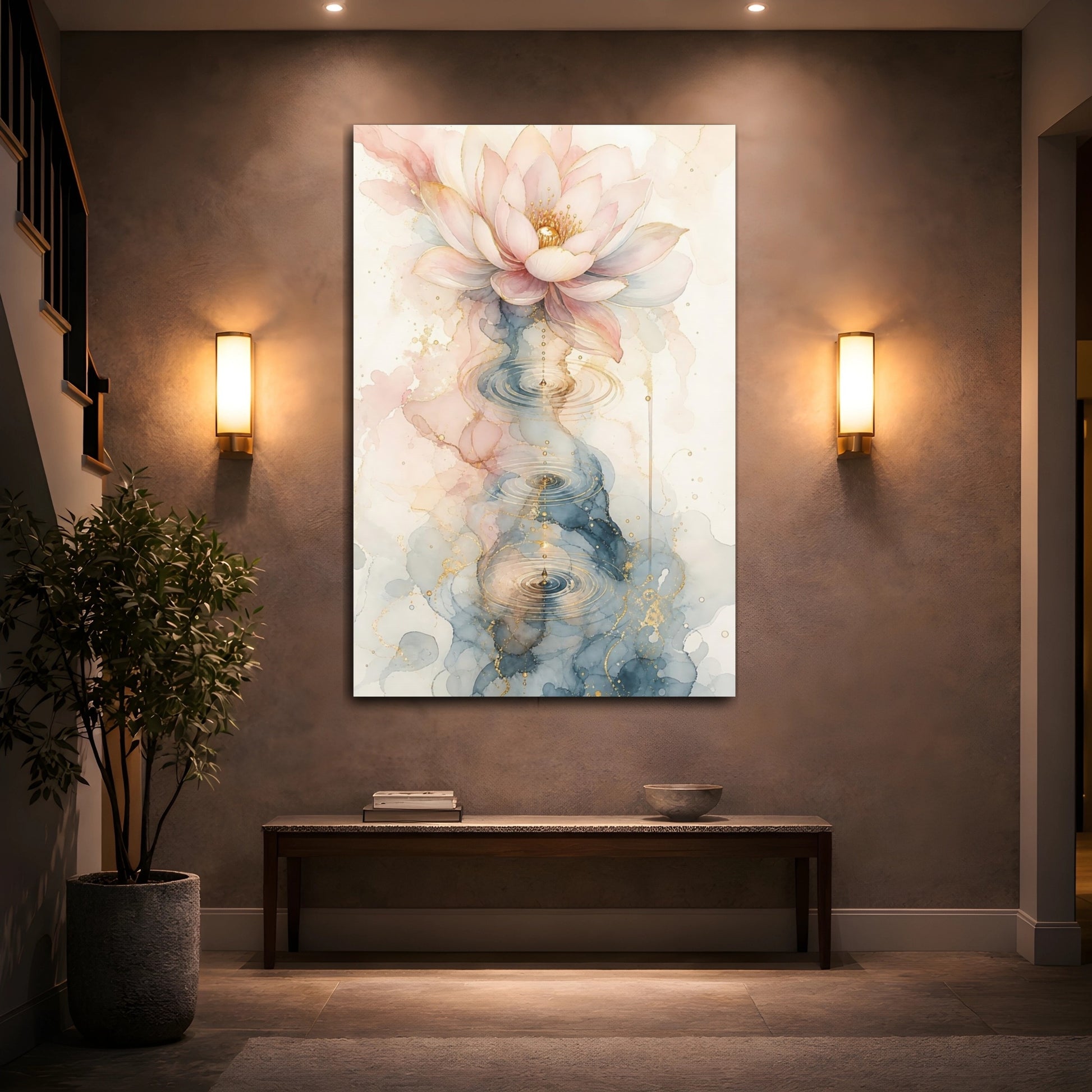 Mockup 2. Nature Lotus Flower Pink Blue Gold shown as stretched canvas wall art