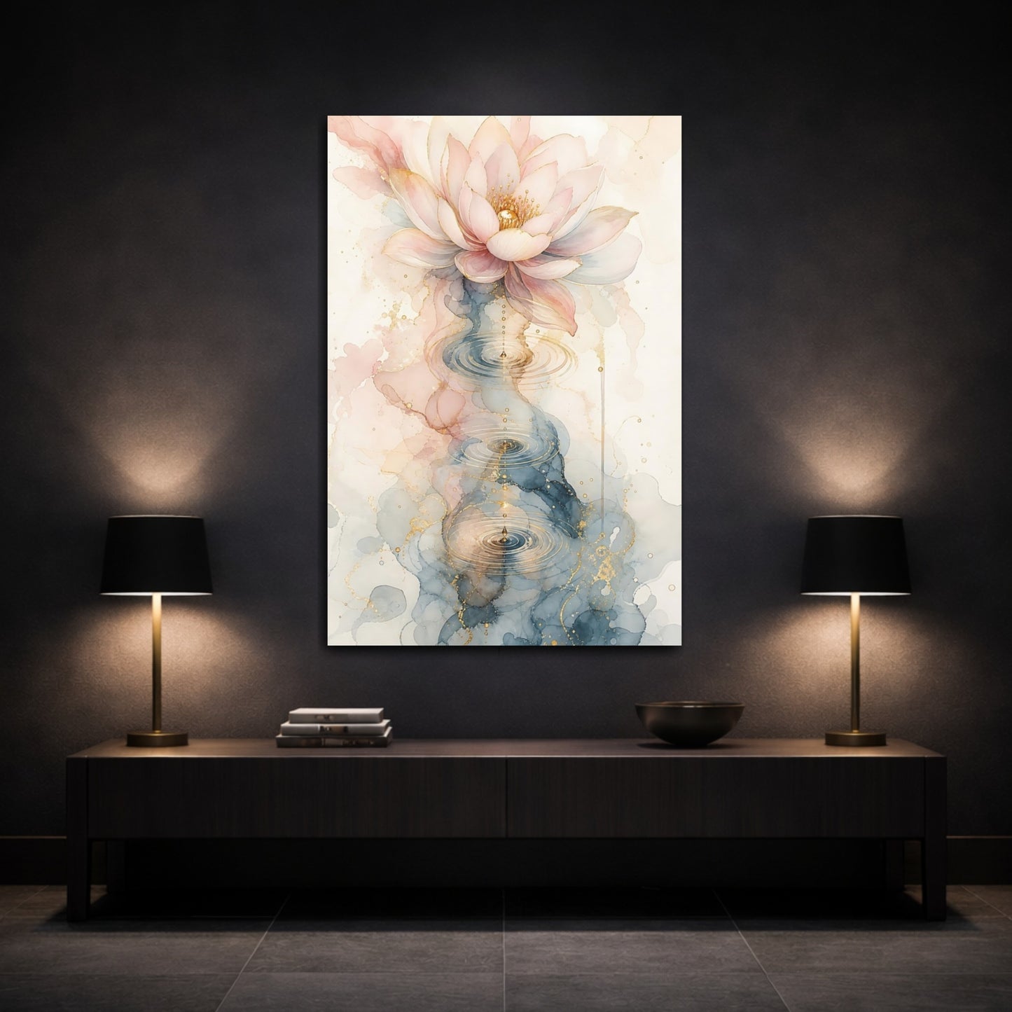 Mockup 3. Nature Lotus Flower Pink Blue Gold shown as stretched canvas wall art