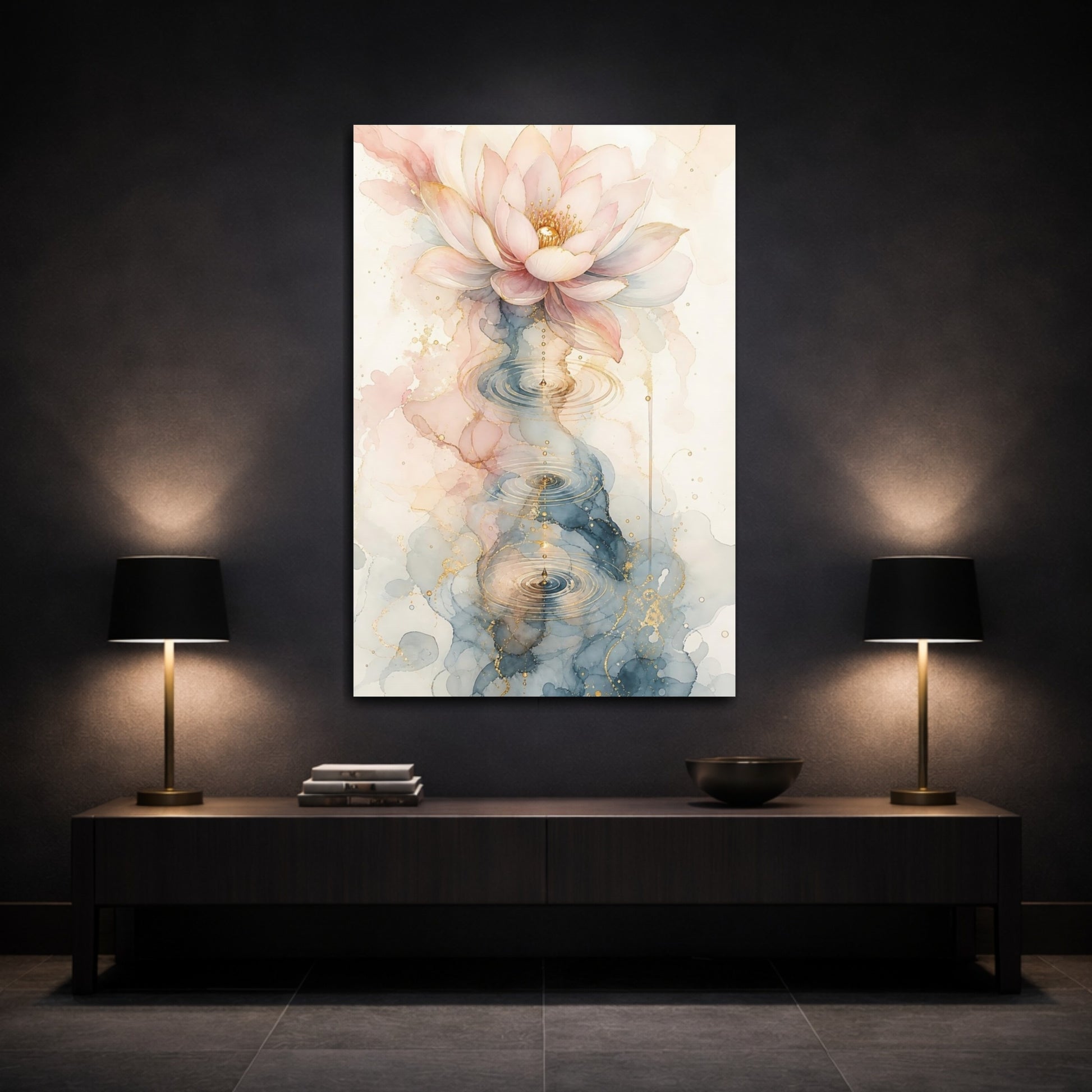 Mockup 3. Nature Lotus Flower Pink Blue Gold shown as stretched canvas wall art