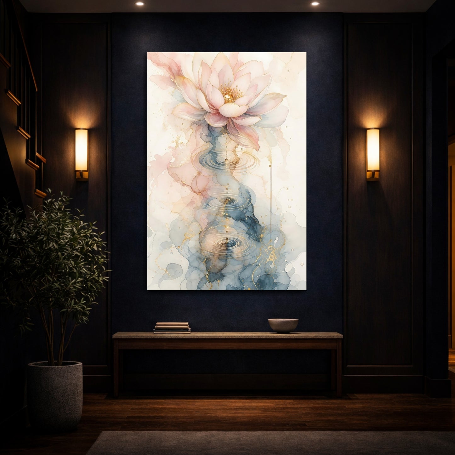 Mockup 4. Nature Lotus Flower Pink Blue Gold shown as stretched canvas wall art