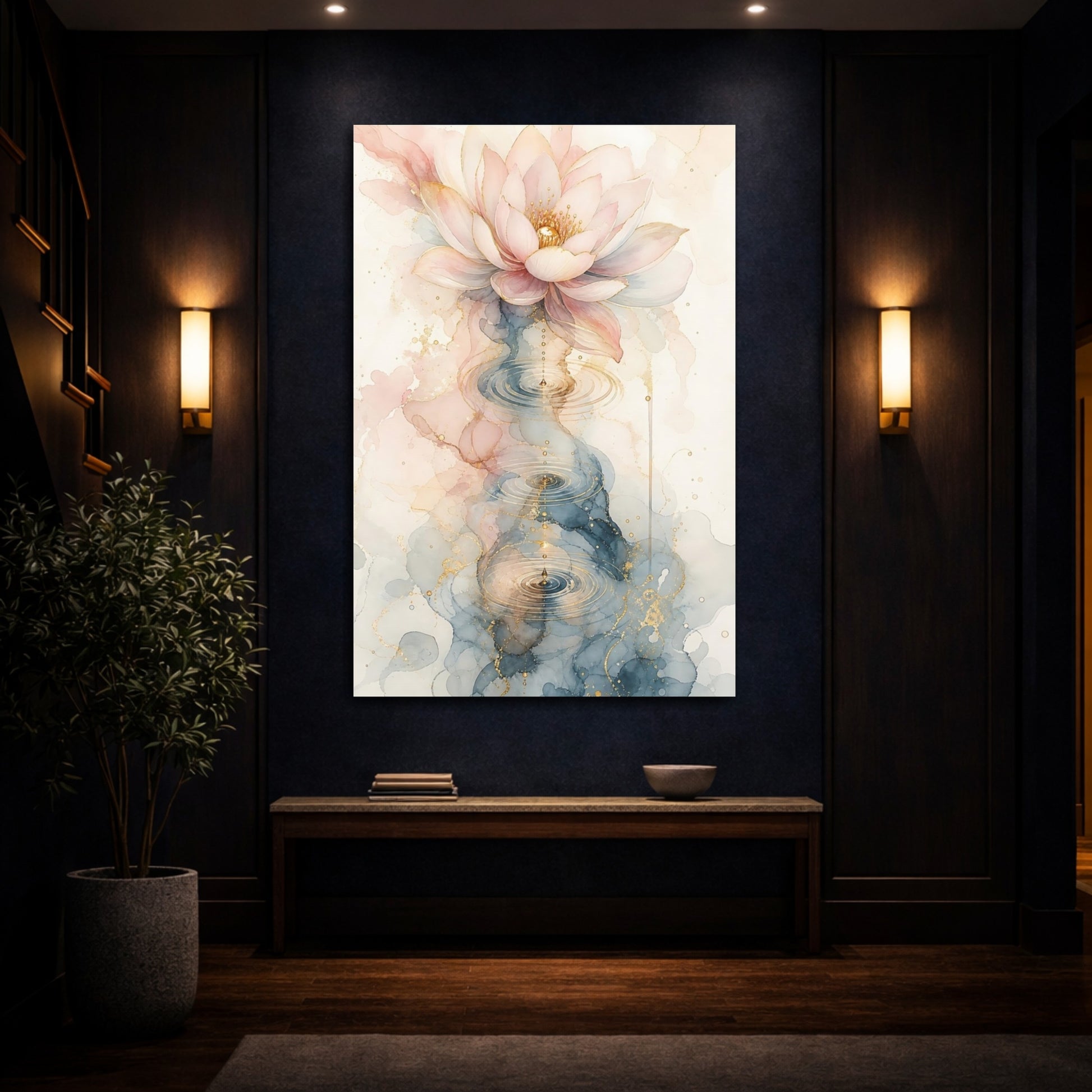 Mockup 4. Nature Lotus Flower Pink Blue Gold shown as stretched canvas wall art