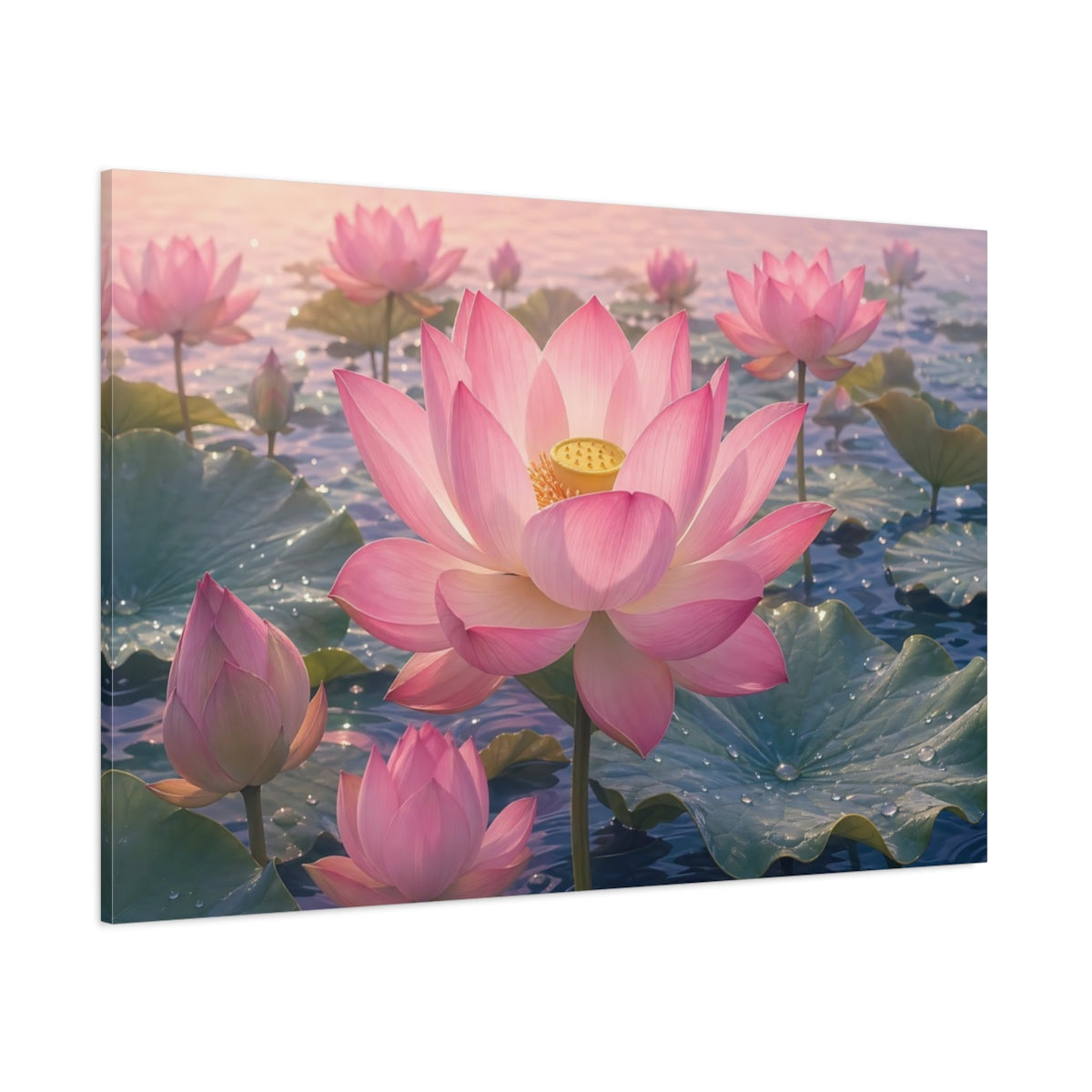 Side Mockup 1. Nature Lotus Flower Pink Lotus shown as stretched canvas wall art