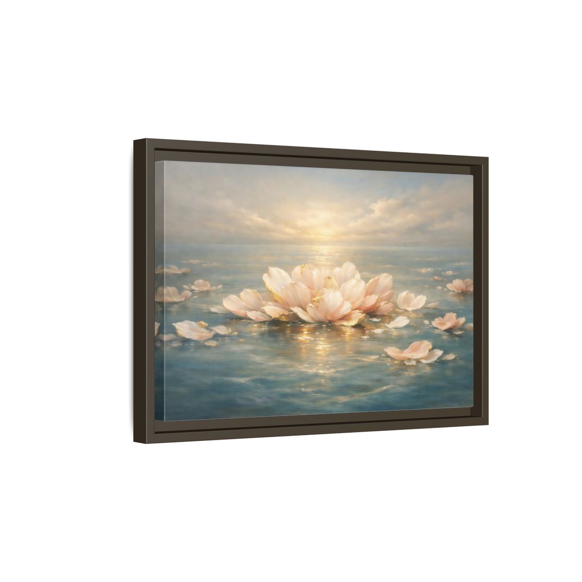 Side Mockup 5. Nature Lotus Flower Pink Gold Lotus shown as stretched canvas wall art