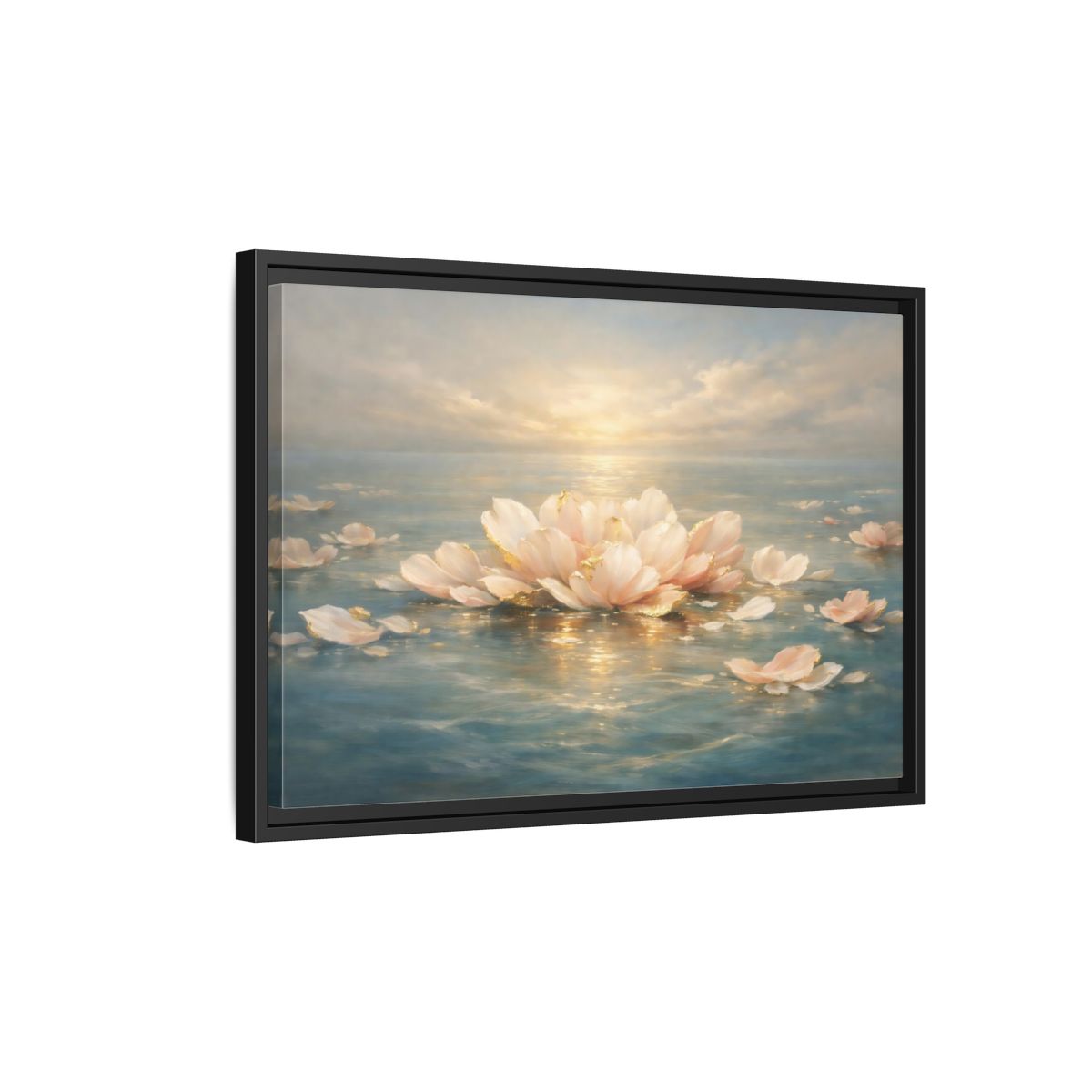 Side Mockup 3. Nature Lotus Flower Pink Gold Lotus shown as stretched canvas wall art
