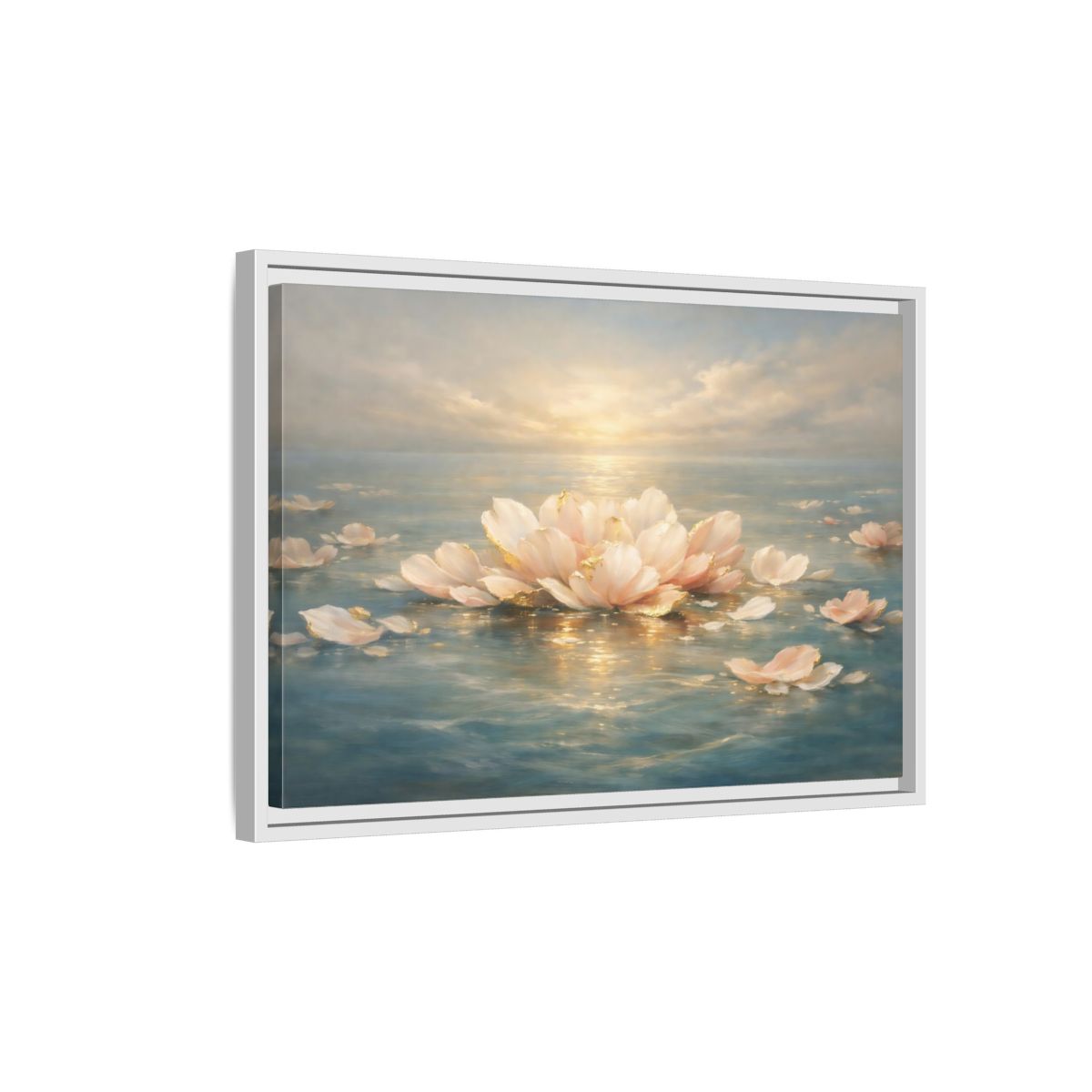 Side Mockup 1. Nature Lotus Flower Pink Gold Lotus shown as stretched canvas wall art