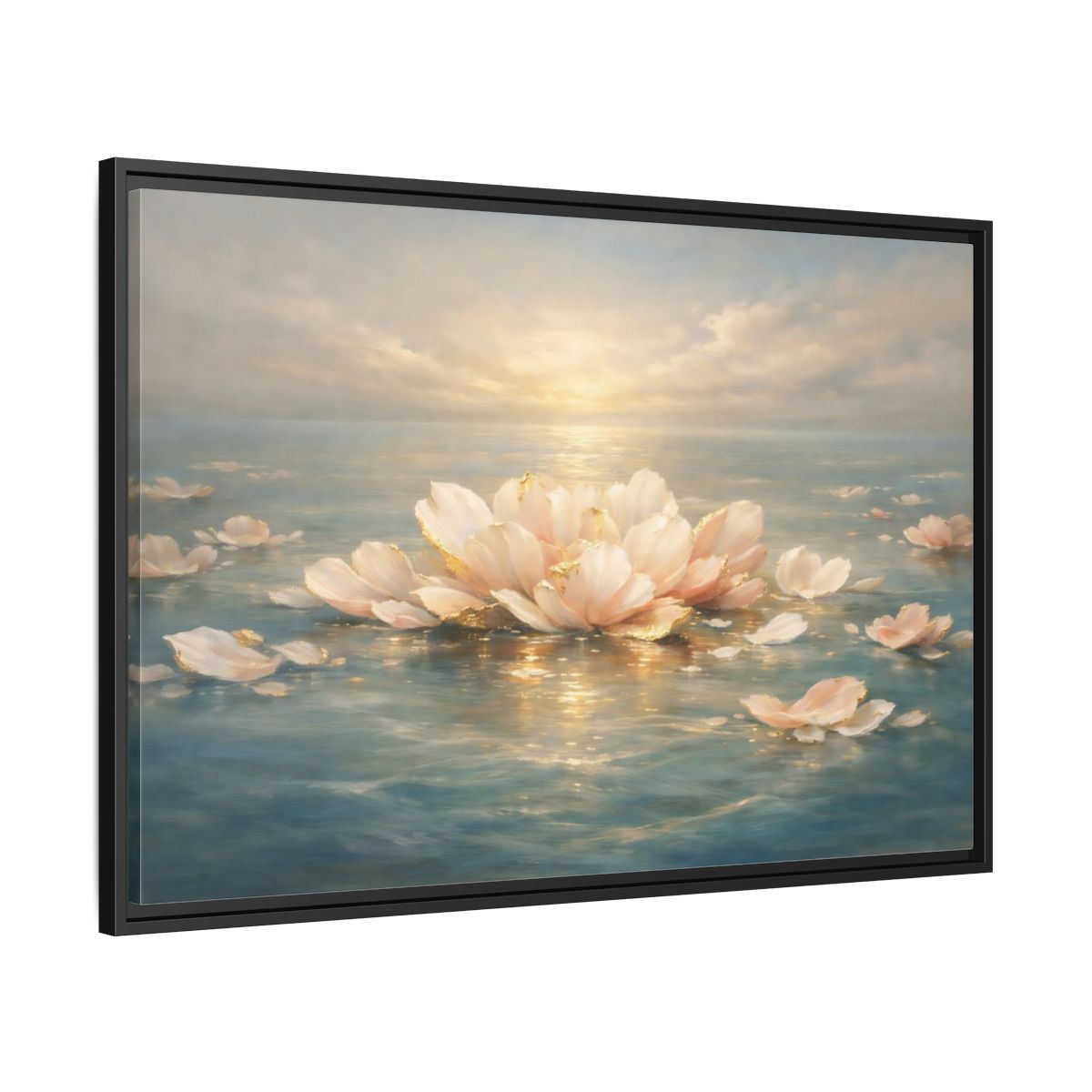 Side Mockup 13. Nature Lotus Flower Pink Gold Lotus shown as stretched canvas wall art