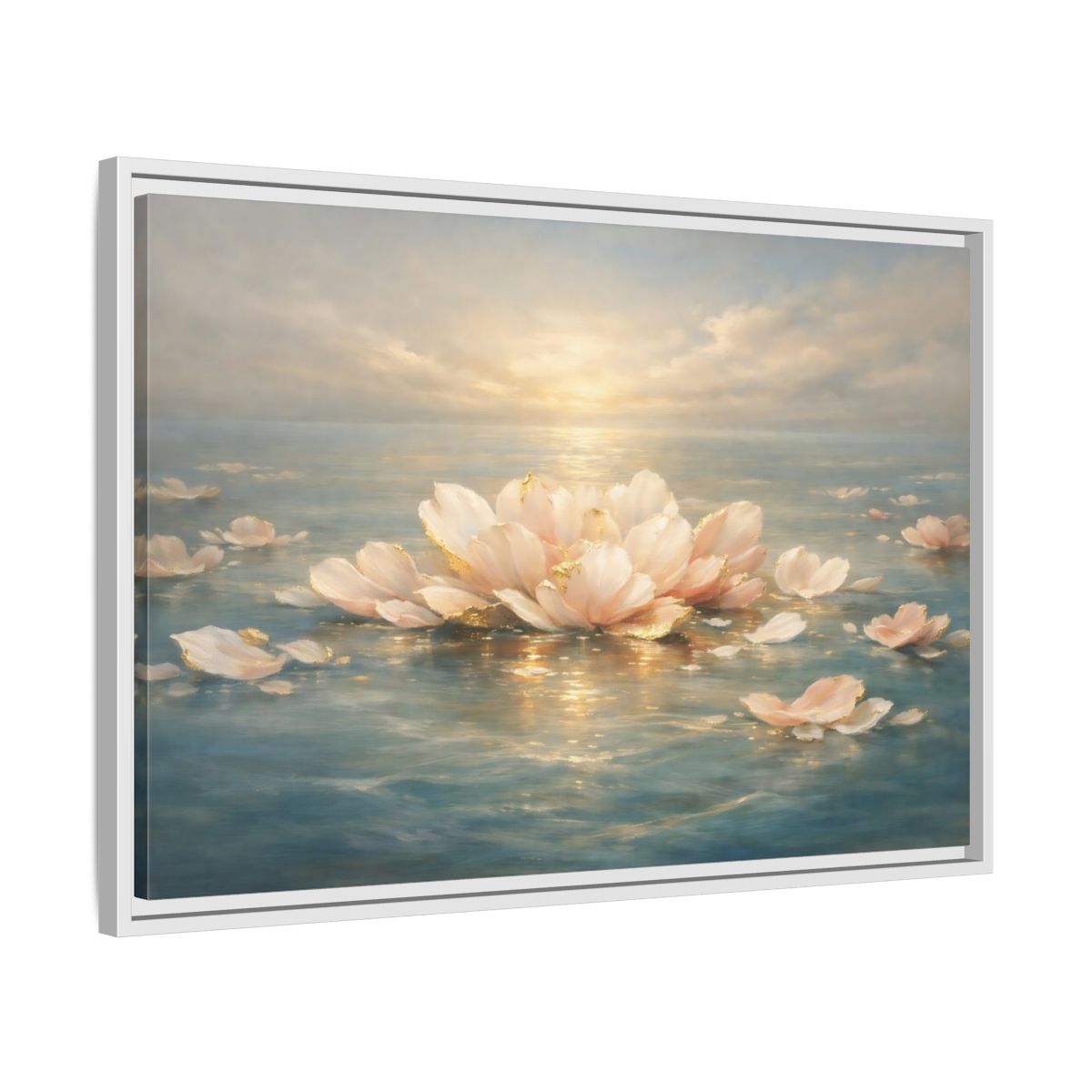 Side Mockup 10. Nature Lotus Flower Pink Gold Lotus shown as stretched canvas wall art