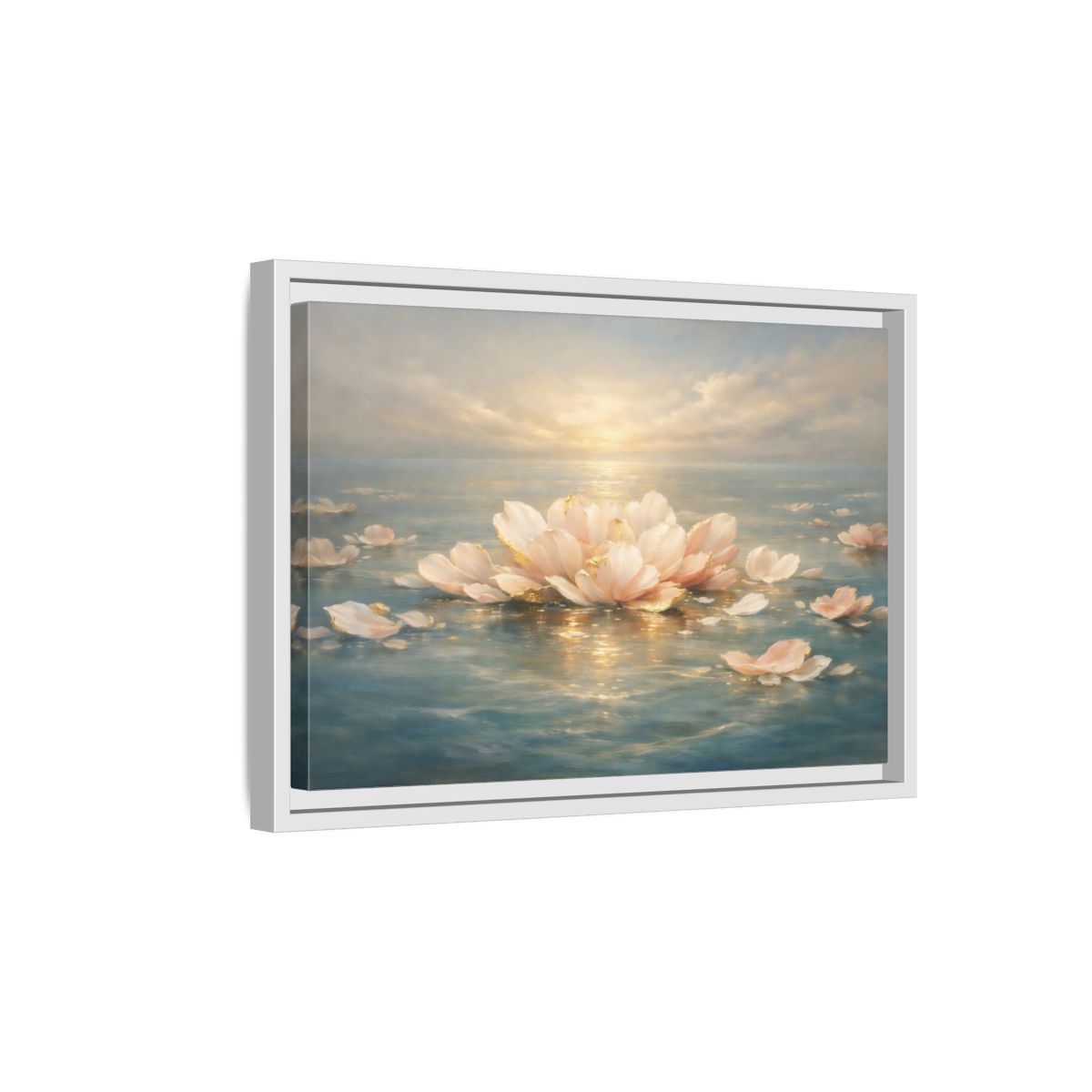 Side Mockup 4. Nature Lotus Flower Pink Gold Lotus shown as stretched canvas wall art