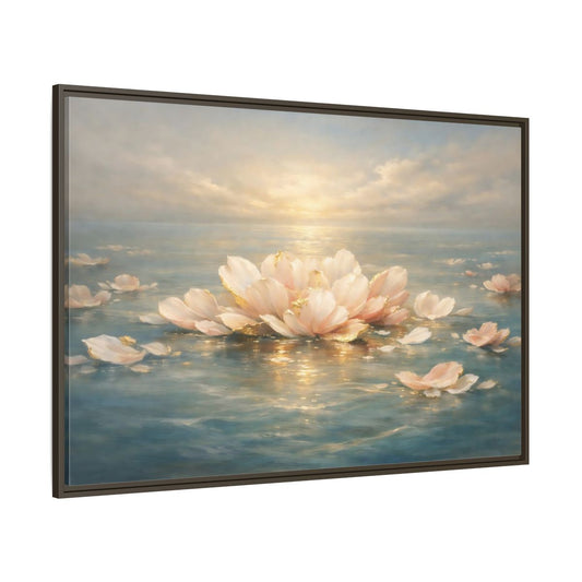 Main Mockup. Nature Lotus Flower Pink Gold Lotus shown as stretched canvas wall art