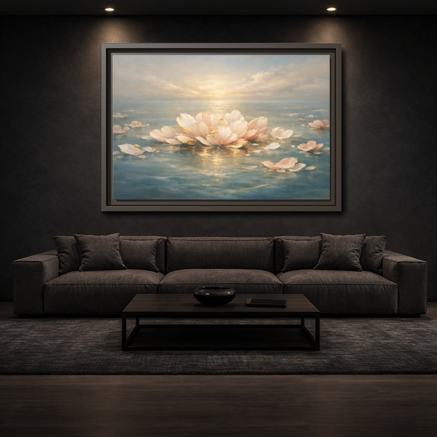 Mockup 2. Nature Lotus Flower Pink Gold Lotus shown as stretched canvas wall art