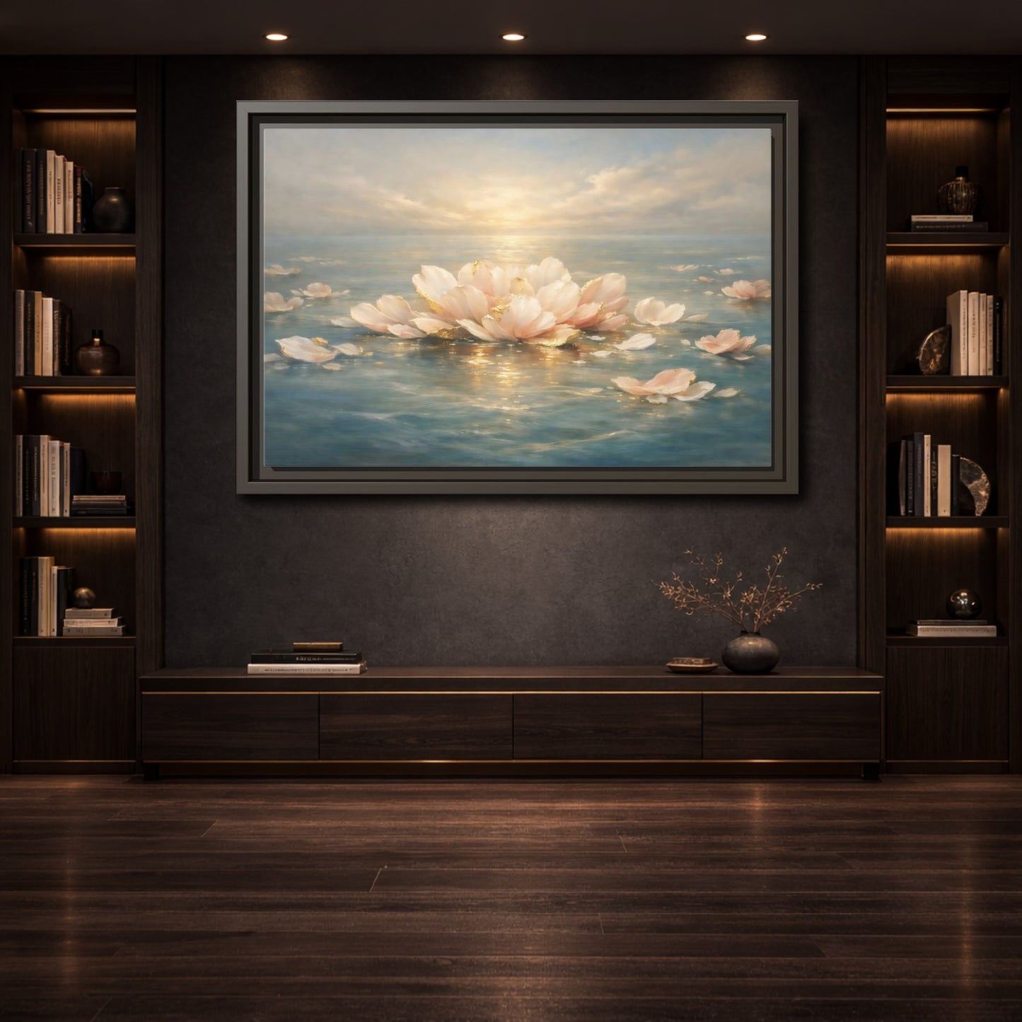 Mockup 3. Nature Lotus Flower Pink Gold Lotus shown as stretched canvas wall art