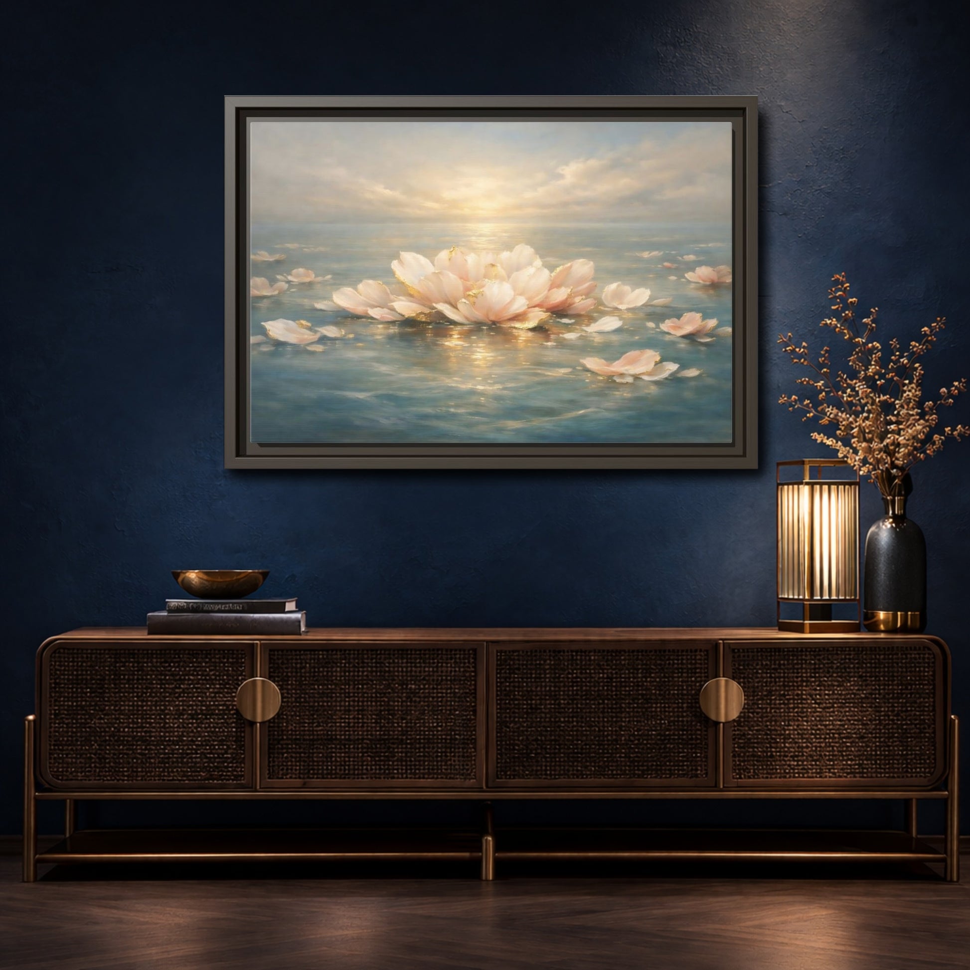 Mockup 4. Nature Lotus Flower Pink Gold Lotus shown as stretched canvas wall art