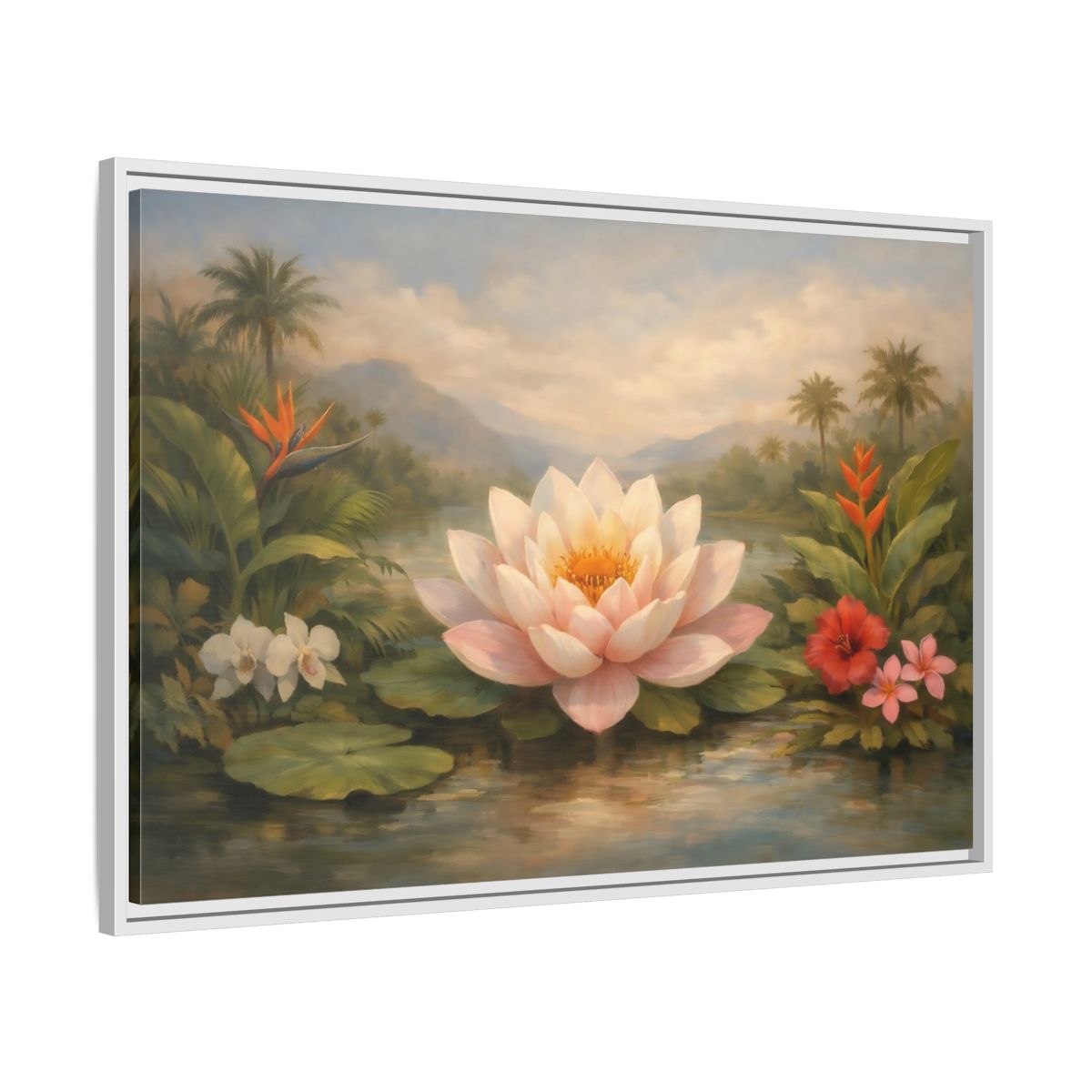 Side Mockup 8. Nature Lotus Flower Pink Green Tropical shown as stretched canvas wall art
