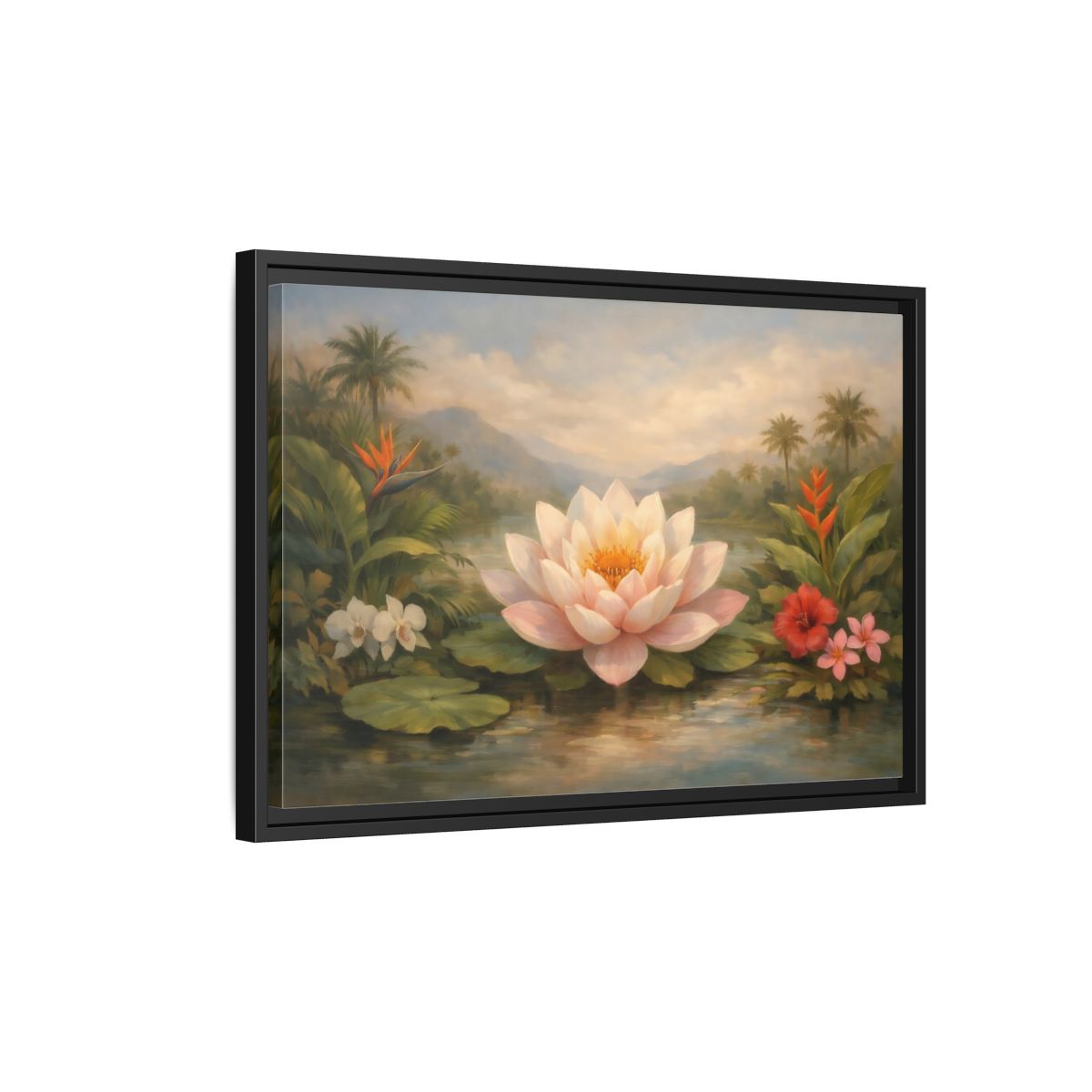 Side Mockup 3. Nature Lotus Flower Pink Green Tropical shown as stretched canvas wall art