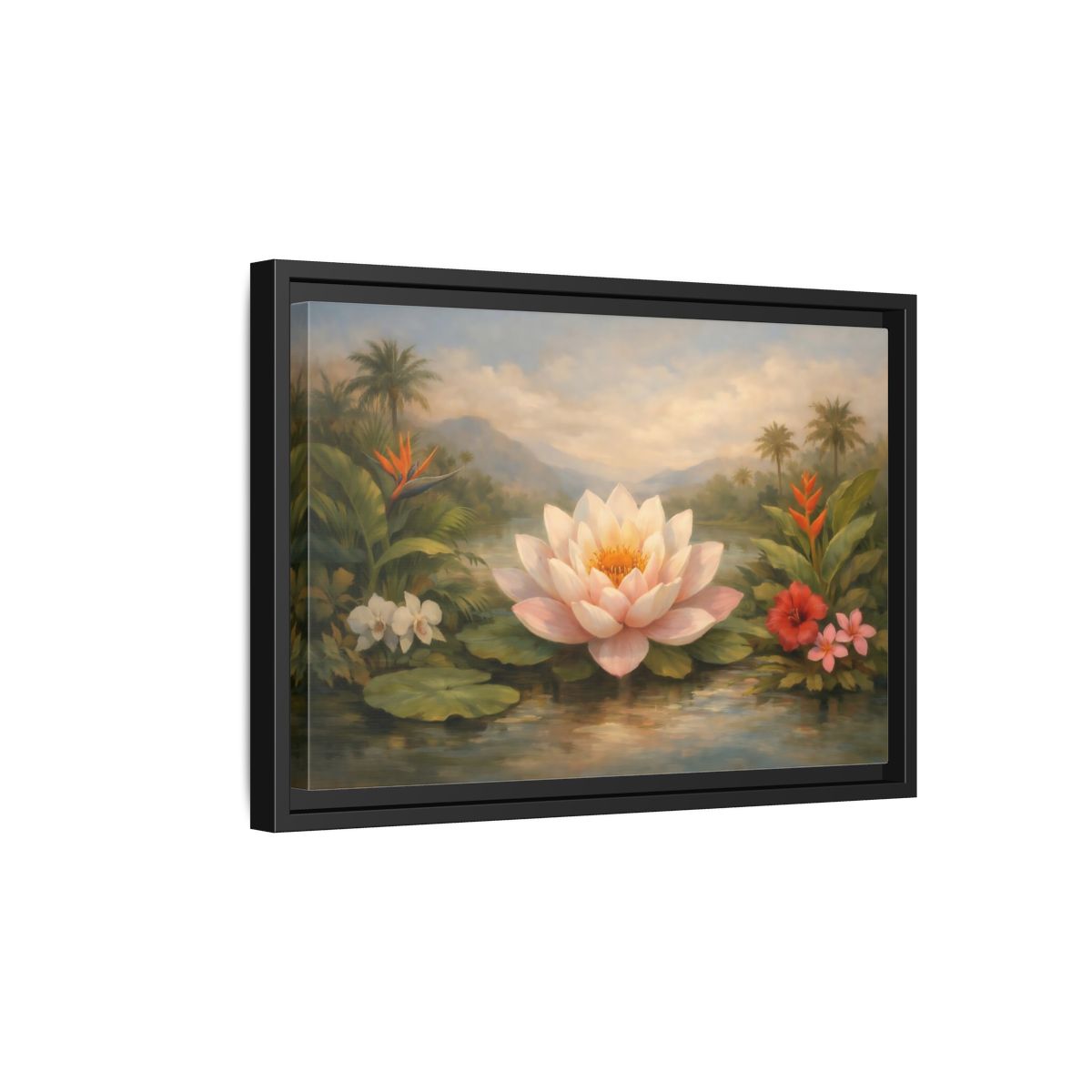 Side Mockup 6. Nature Lotus Flower Pink Green Tropical shown as stretched canvas wall art