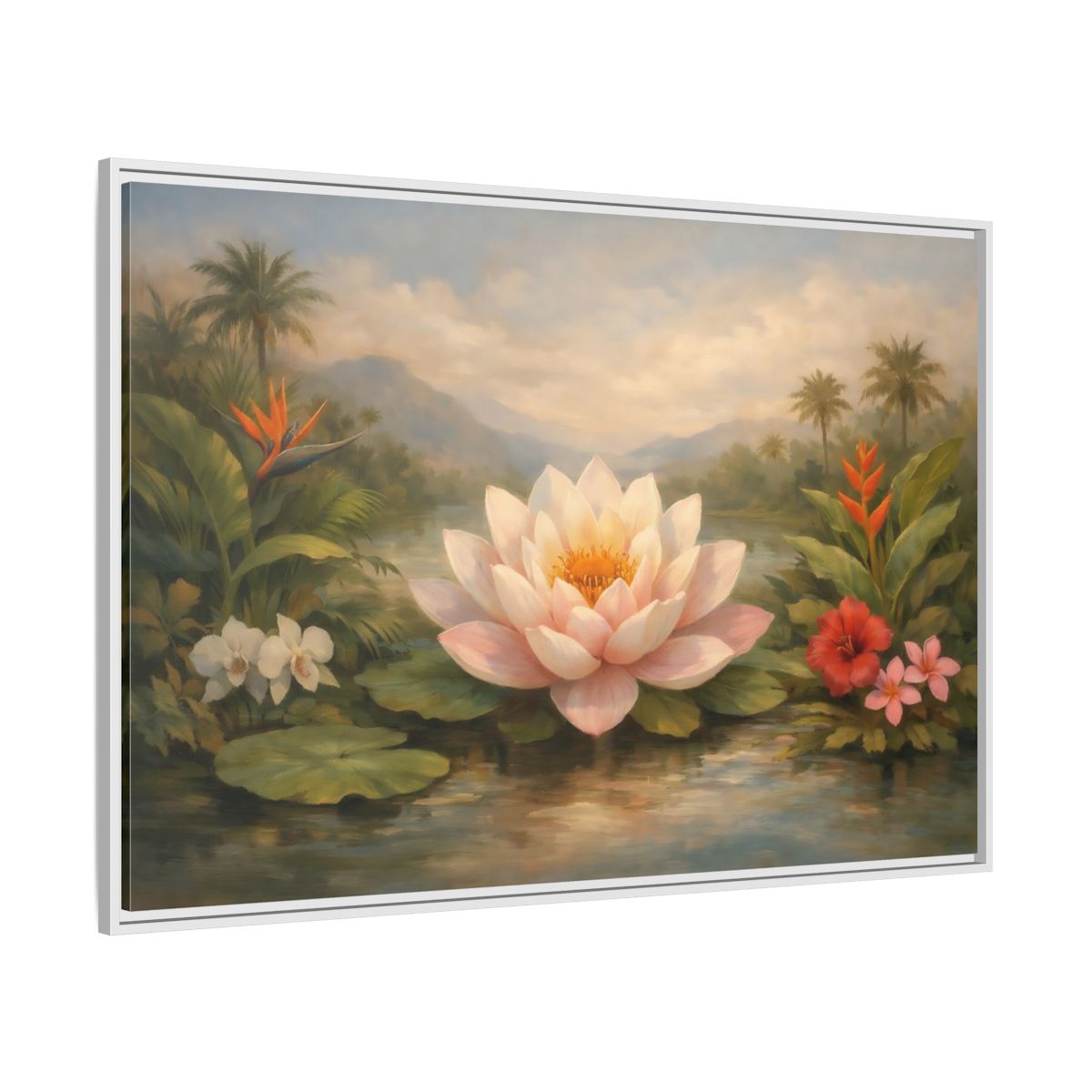 Side Mockup 7. Nature Lotus Flower Pink Green Tropical shown as stretched canvas wall art