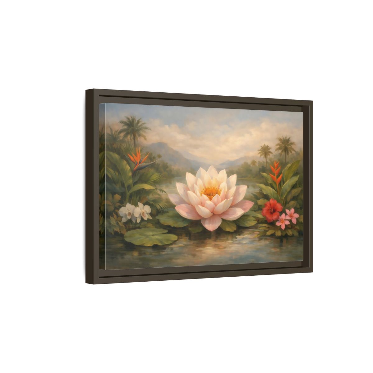 Side Mockup 5. Nature Lotus Flower Pink Green Tropical shown as stretched canvas wall art