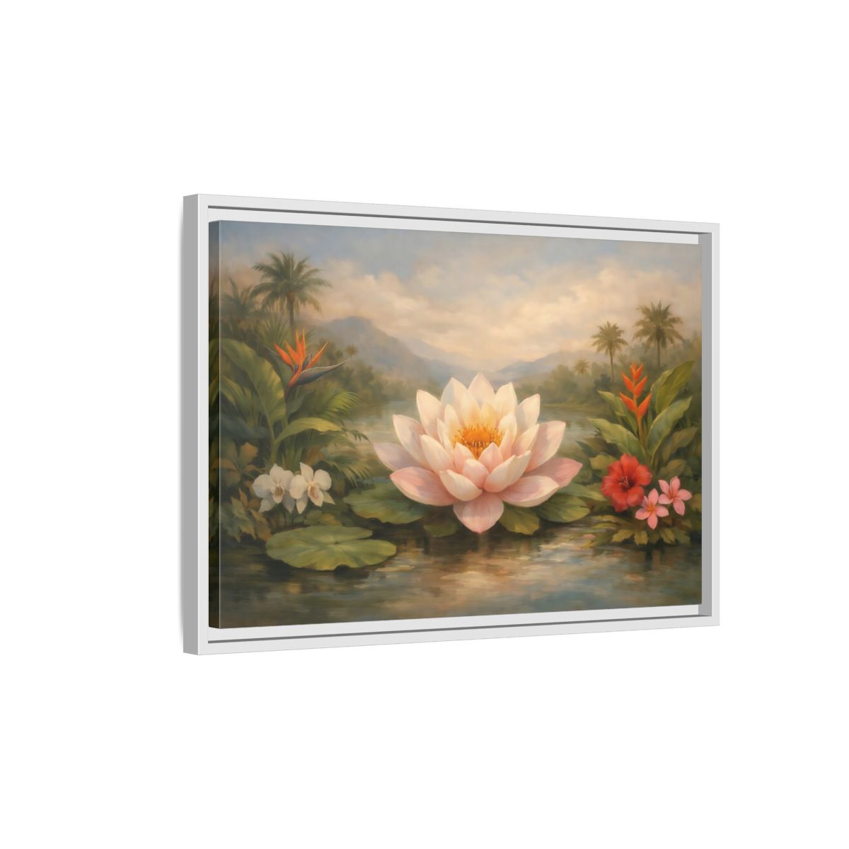 Side Mockup 1. Nature Lotus Flower Pink Green Tropical shown as stretched canvas wall art