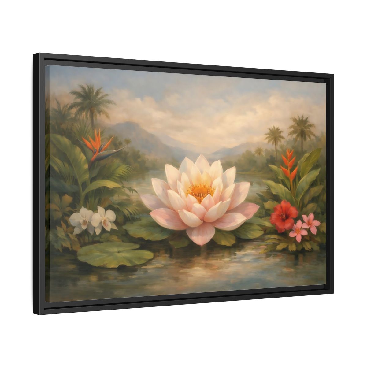 Side Mockup 14. Nature Lotus Flower Pink Green Tropical shown as stretched canvas wall art
