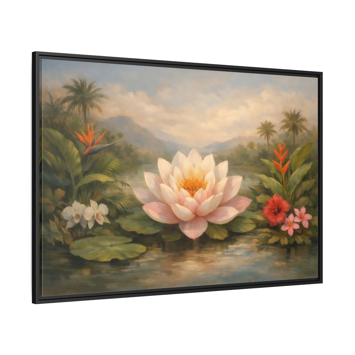 Side Mockup 12. Nature Lotus Flower Pink Green Tropical shown as stretched canvas wall art