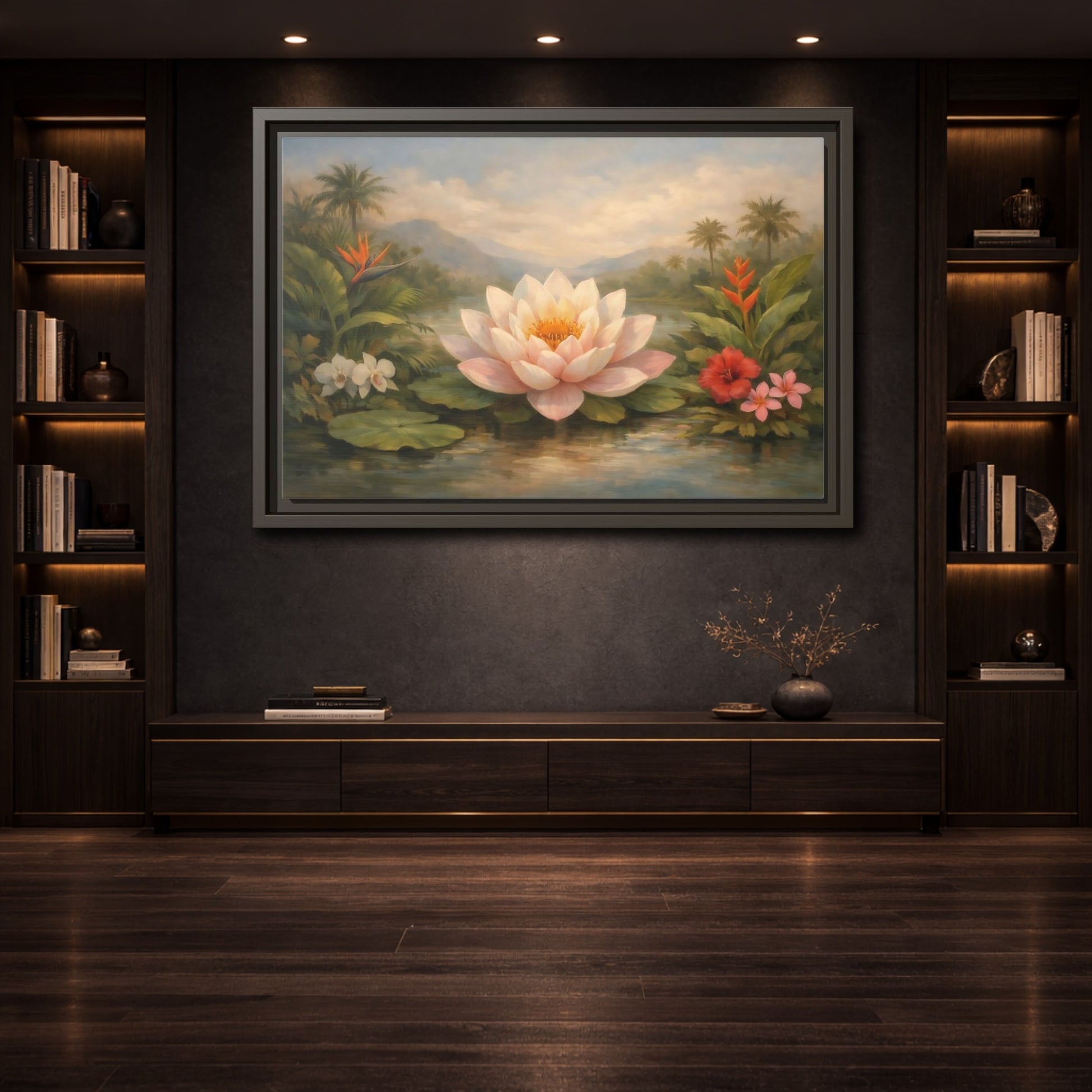 Mockup 3. Nature Lotus Flower Pink Green Tropical shown as stretched canvas wall art