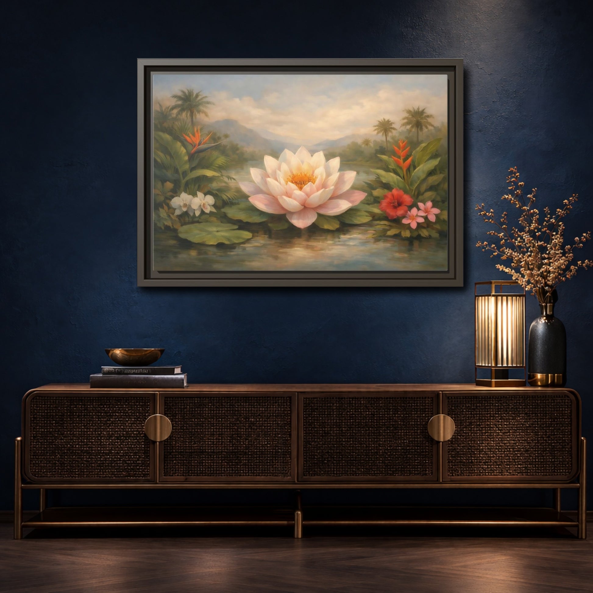 Mockup 4. Nature Lotus Flower Pink Green Tropical shown as stretched canvas wall art