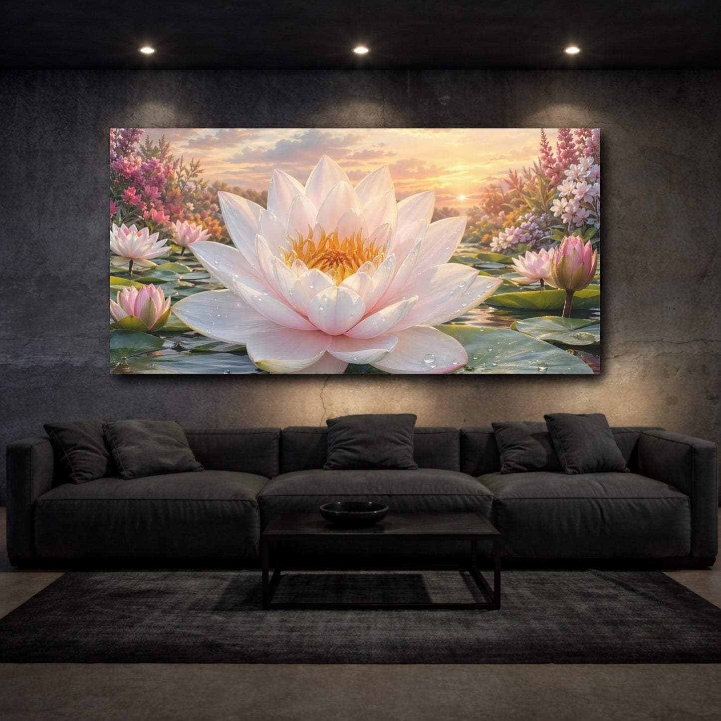 Mockup 2. Nature Lotus Flower Pink Lotus Flower shown as stretched canvas wall art