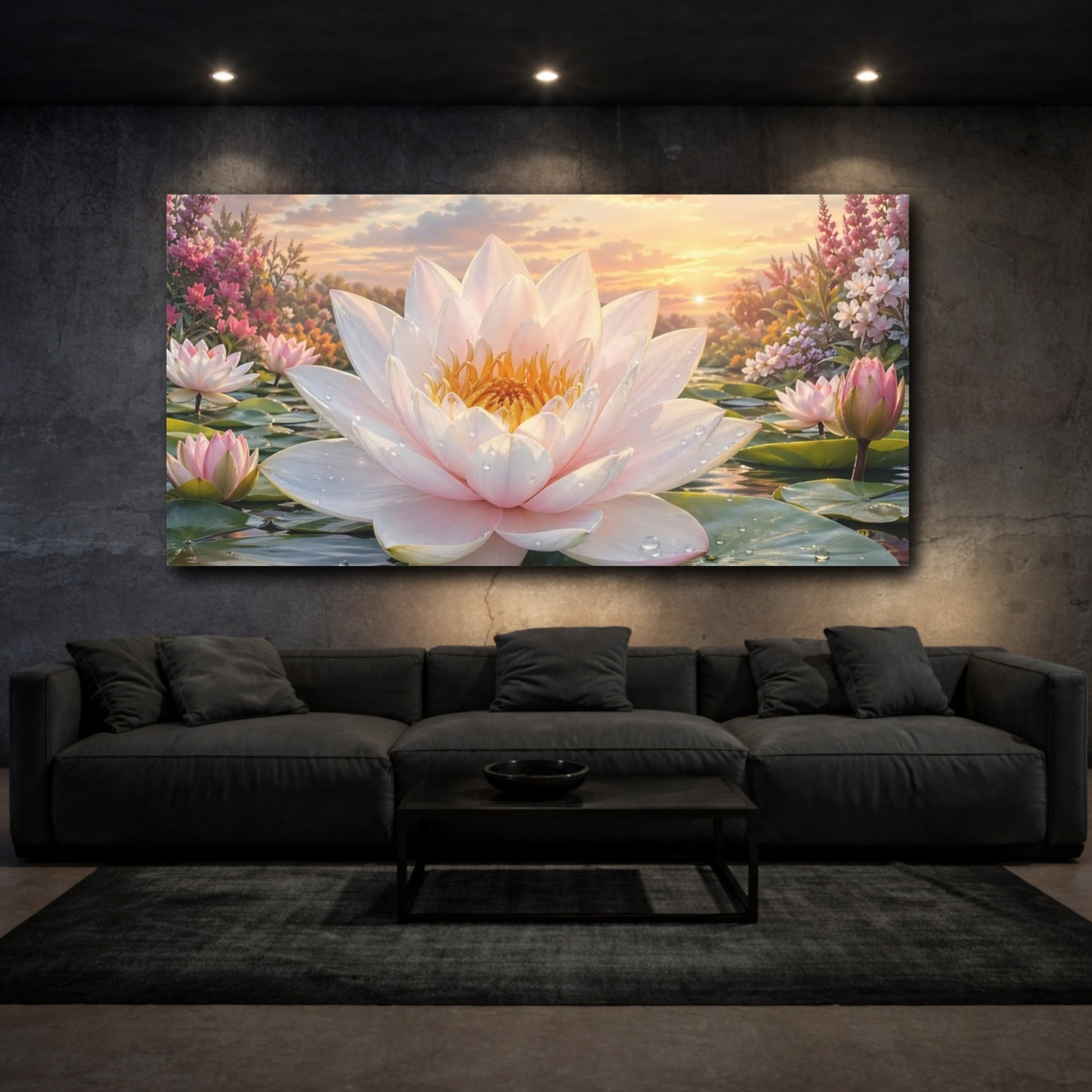 Mockup 2. Nature Lotus Flower Pink Lotus Flower shown as stretched canvas wall art